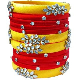 IJYA Sihan Handicrafts Kundan Work Silk Thread Bangle Kada For Women Girls 12 PC Set Wedding & Festive Occasion(RED - YELLOW, 2.4)