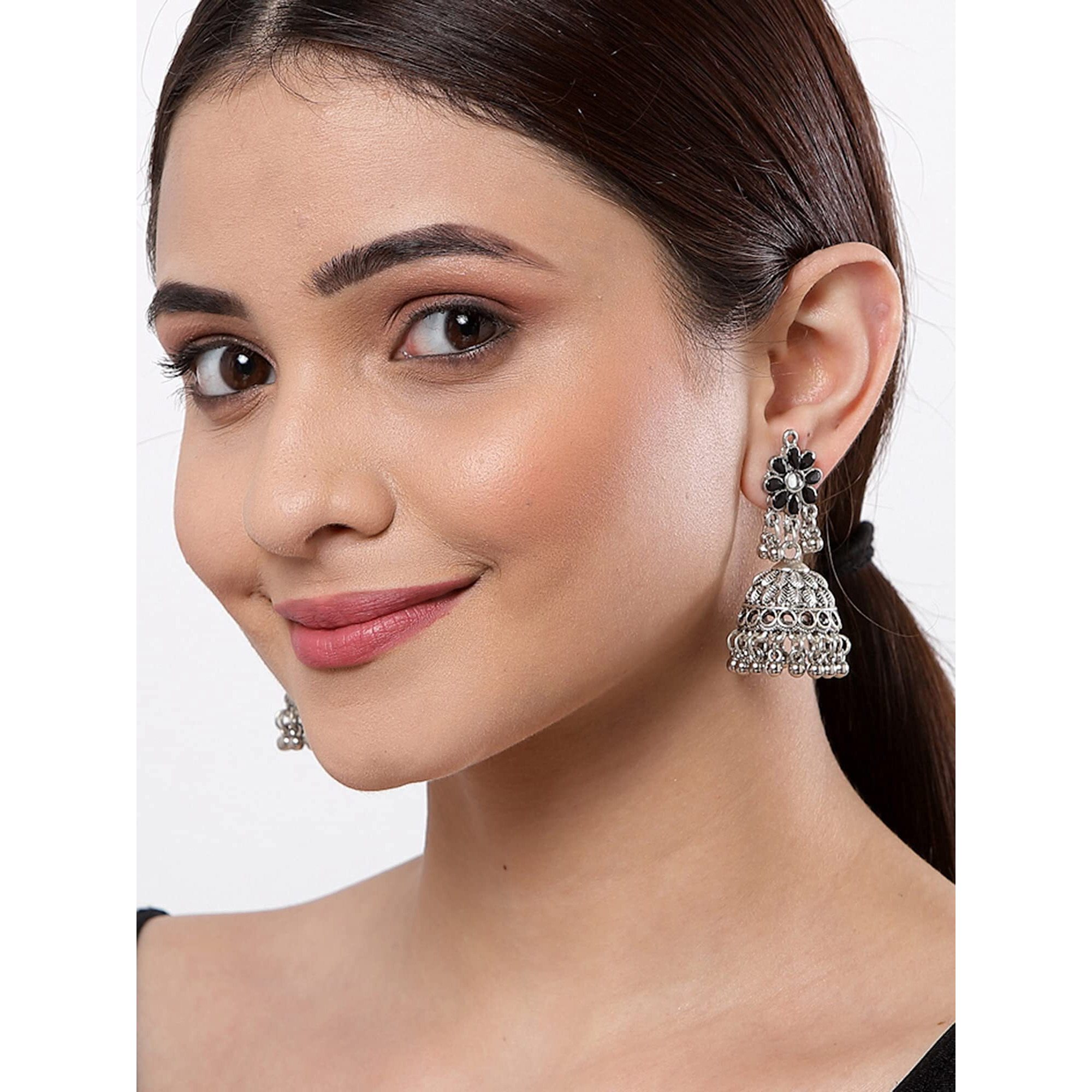 Karatcart Floral Shaped Tribal Collection Traditional Indian Antique Oxidised Silver Stylish Afghan Jhumka Jhumki Earrings for Women Girls