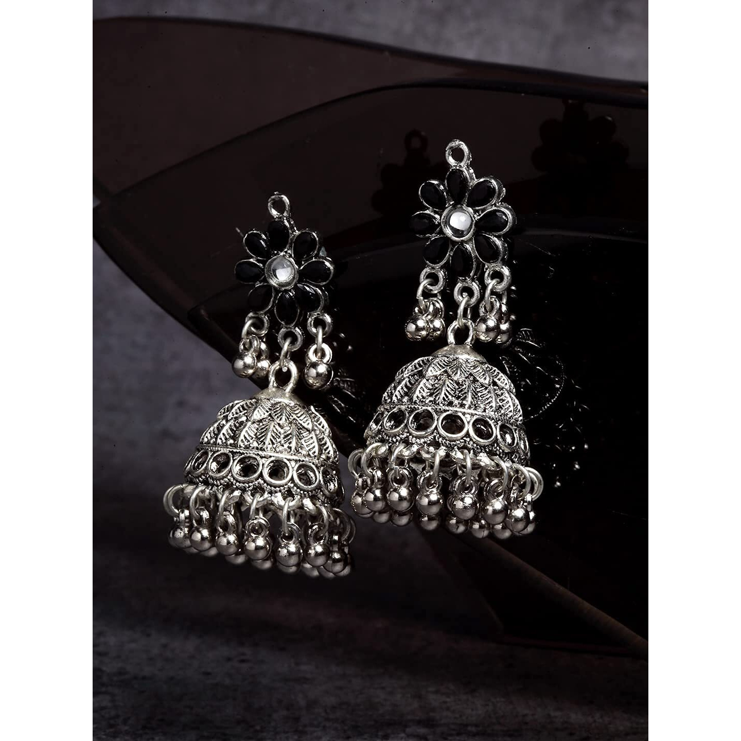 Karatcart Floral Shaped Tribal Collection Traditional Indian Antique Oxidised Silver Stylish Afghan Jhumka Jhumki Earrings for Women Girls