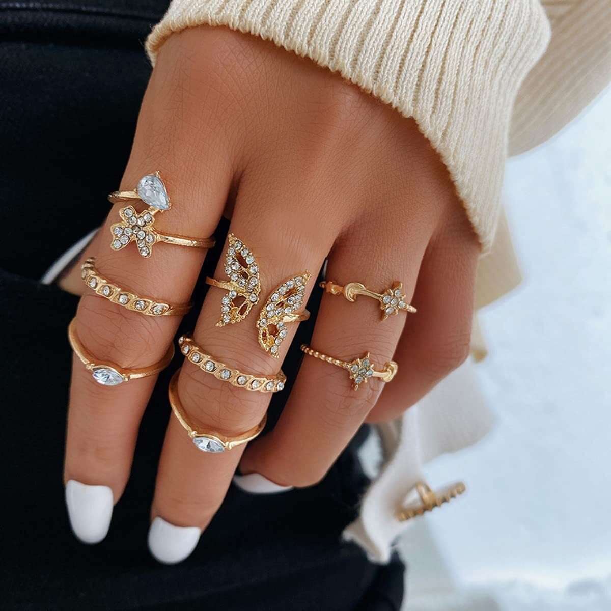 Jewels Galaxy Jewellery For Women Gold Plated Contemporary Butterfly inspired Stackable Rings Set of 8 (JG-PC-RNGH-998)