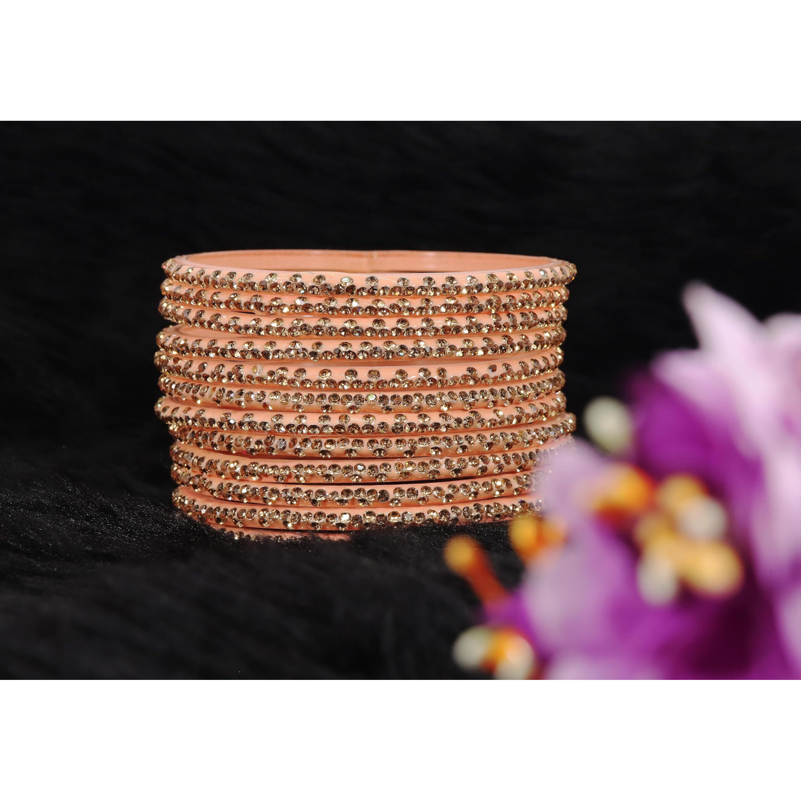 LAVAZZA Stylish Bangles Set For Girls | Fancy Womens Bangles | Golden Stone Bangles | Womens Bangles | Chudi Set | Fashion Jewellery Items | Daily/party/ofice/wedding bangles- (KS4-Peach-2.4)