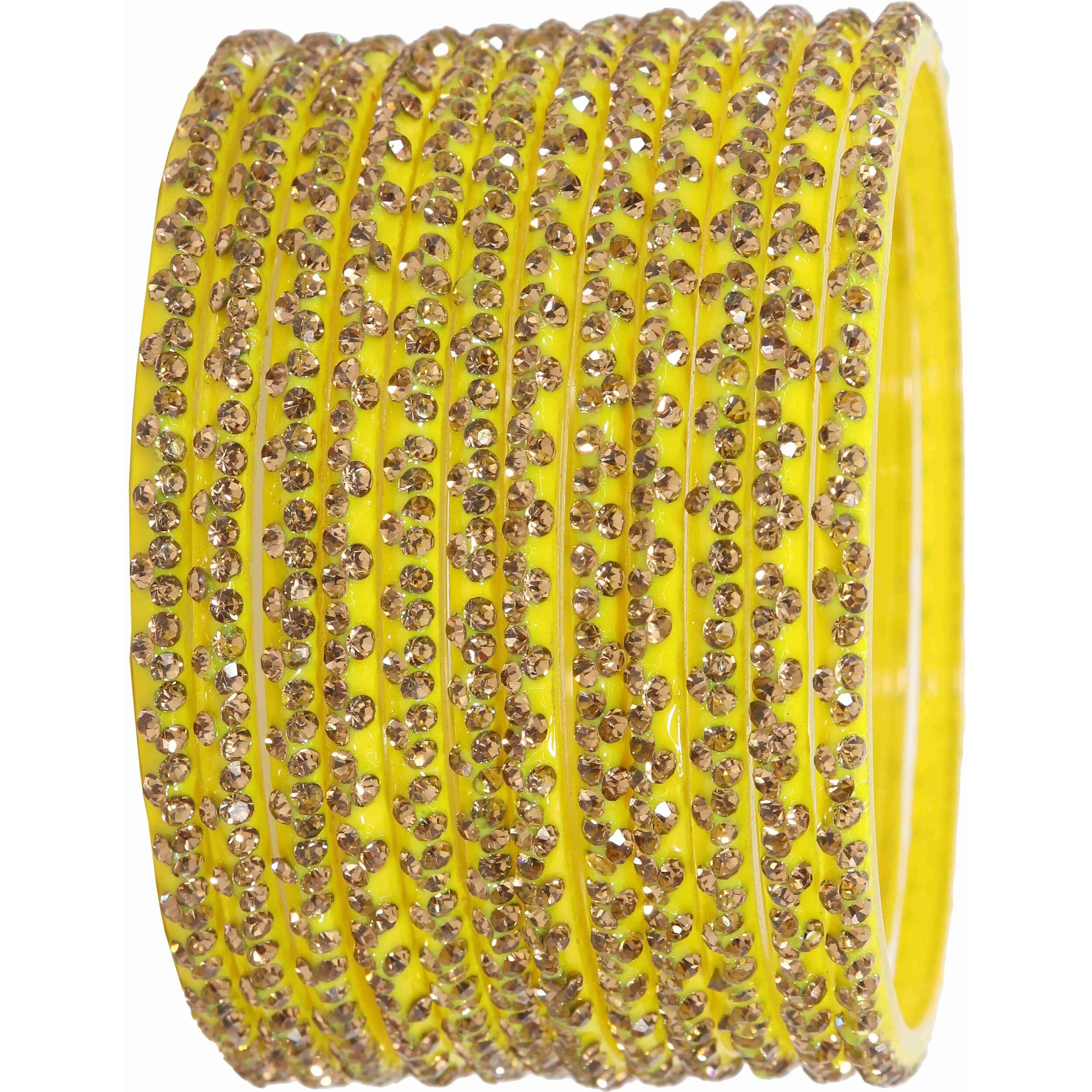 LAVAZZA Stylish Bangles Set For Women and Girls with Zircon Stone | Fancy Womens Glass Chudi | Simple Diamond Bangles | Womens Fashion Jewellery- Pack of 12, (LV_KS4-Yellow-2.6)