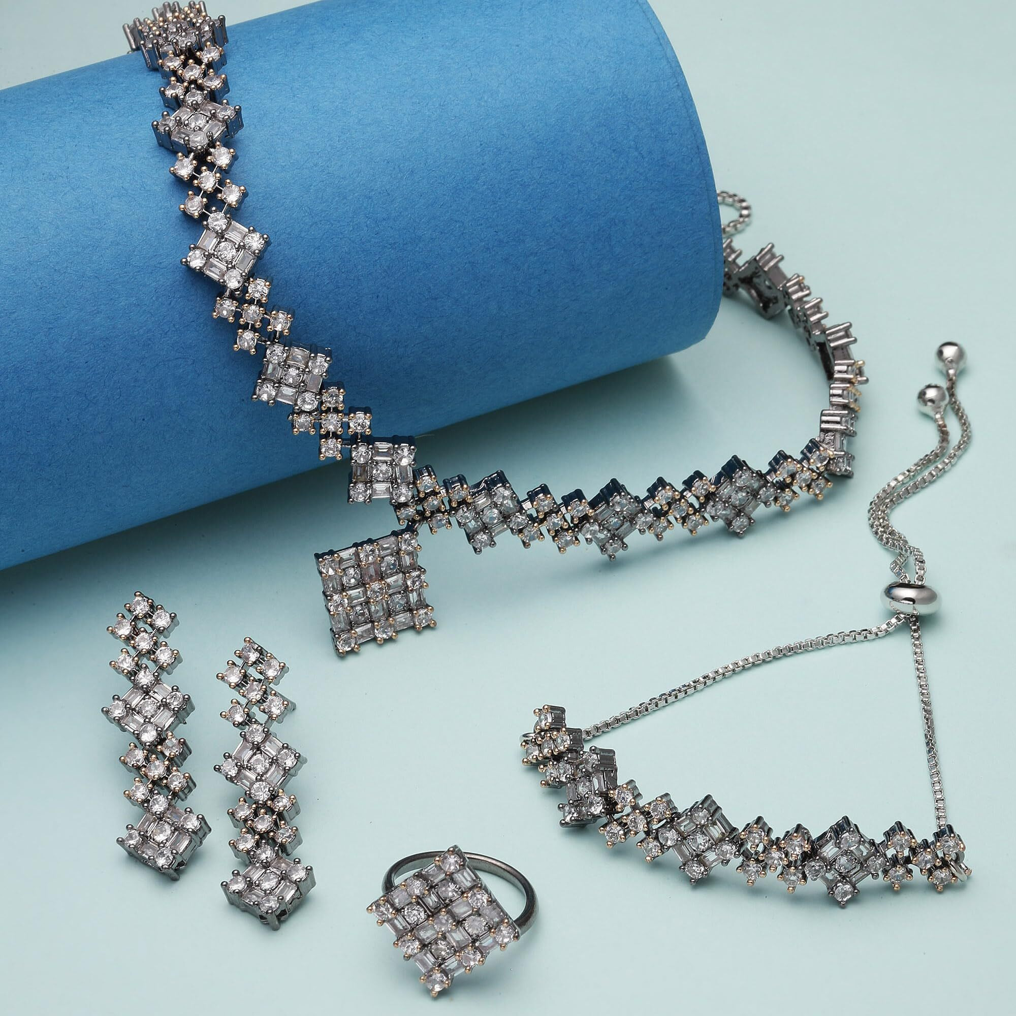 ZENEME Rhodium-Plated Silver Toned American Diamond studded Needle Drop Earrings For Women & Girls
