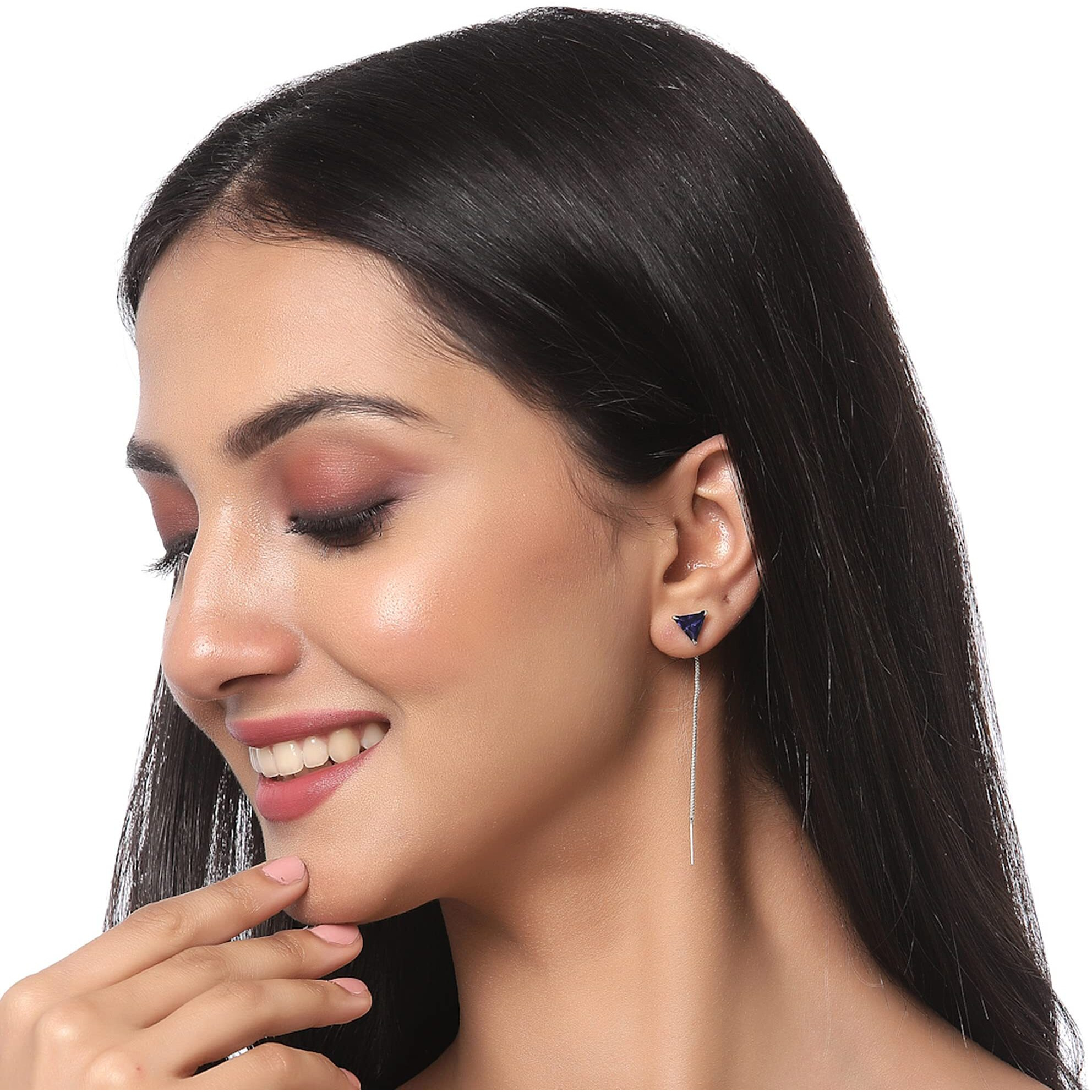 ZENEME Rhodium-Plated Silver Toned American Diamond studded Needle Drop Earrings For Women & Girls