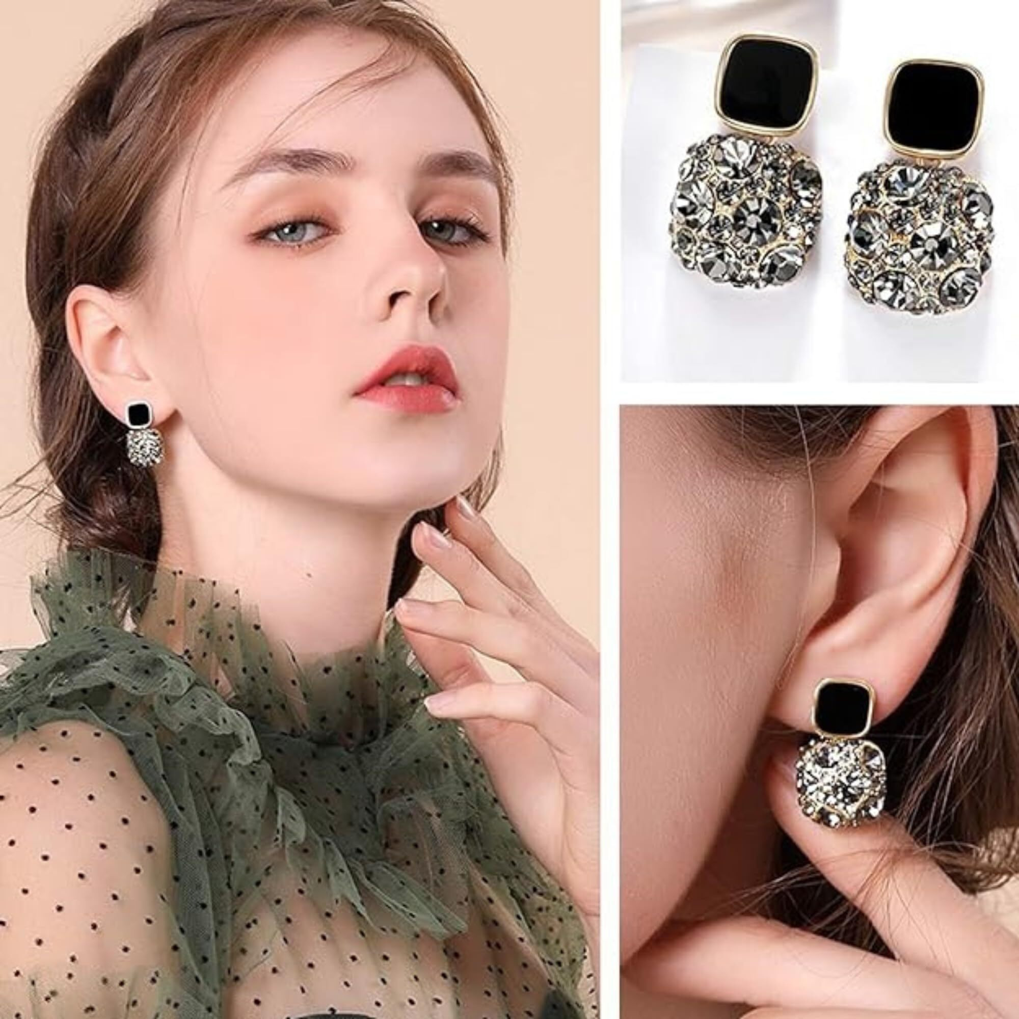 BLACKBOX Black Rhinestone Crystal Square Drop korean Earrings for Women & Girls | Stylish & Fashionable Earring for Girlfriend | Accessories Jewellery for Women | Best Gift for Birthday & Anniversary