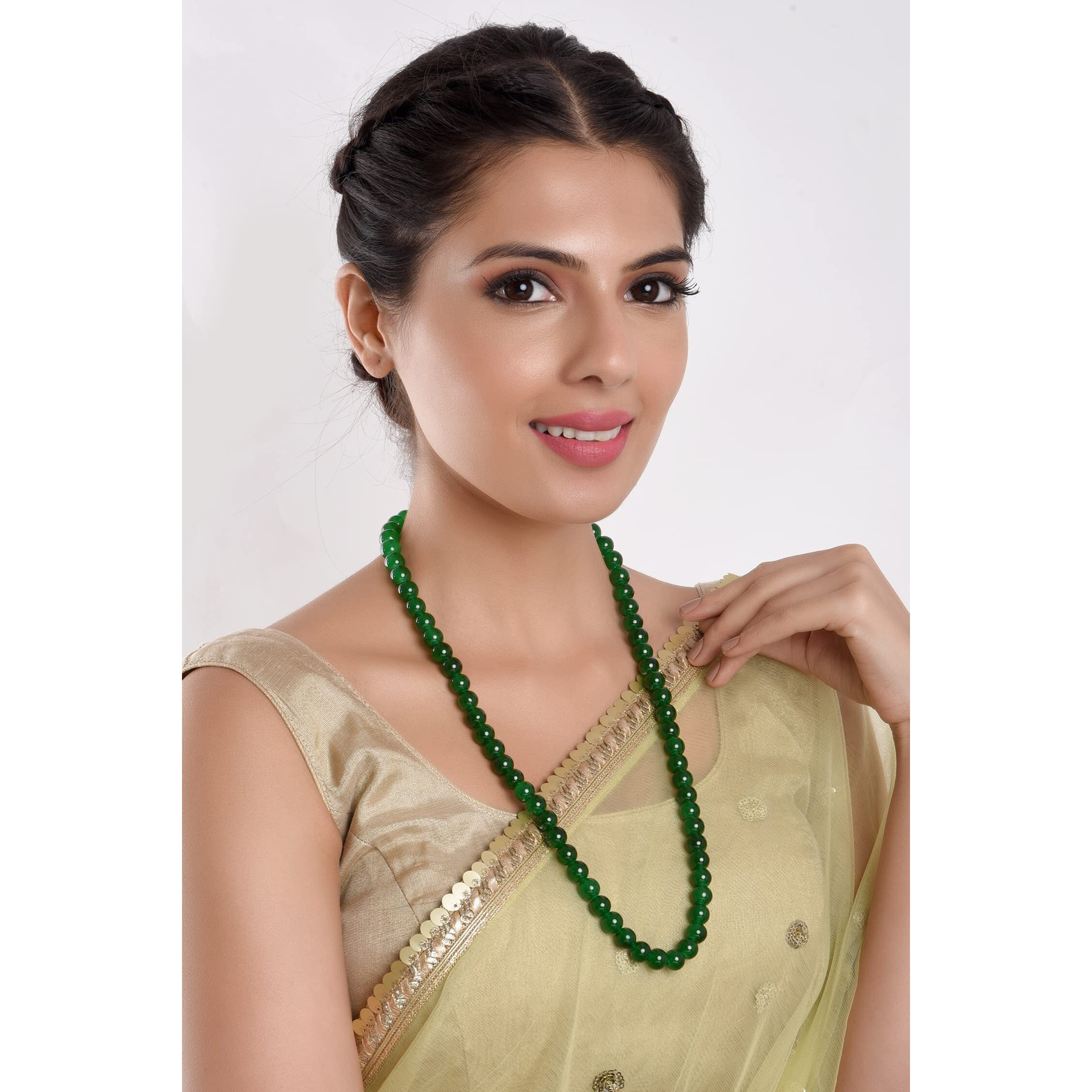 Efulgenz Handcrafted Single Line Green Crystal/Glass Stone Beaded Strand Statement Necklace/Mala for Women and Girls, Valentine Gift