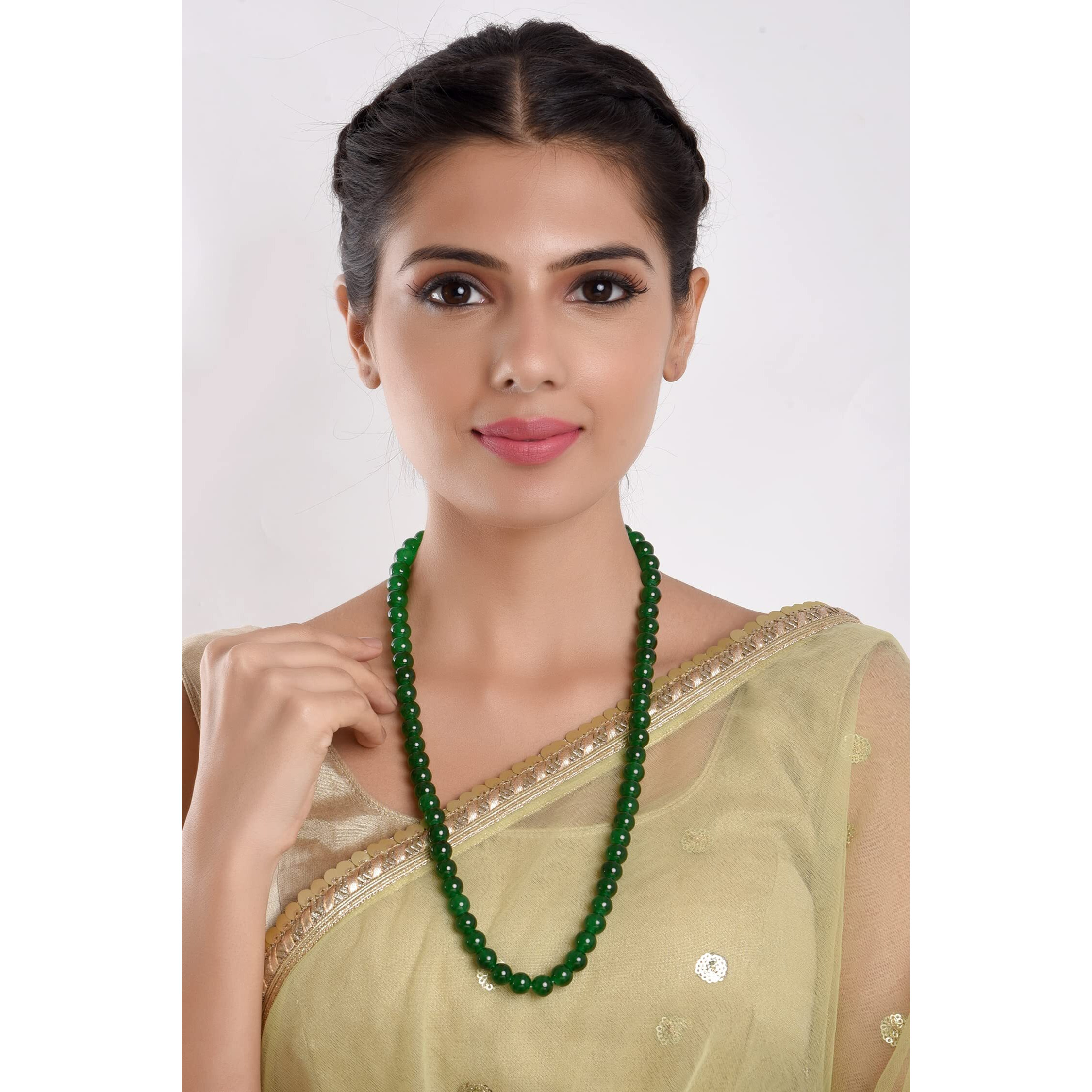 Efulgenz Handcrafted Single Line Green Crystal/Glass Stone Beaded Strand Statement Necklace/Mala for Women and Girls, Valentine Gift