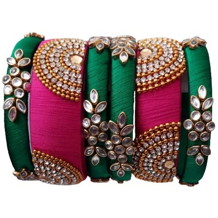 IJYA Sihan Handicrafts Kundan Work Silk Thread Bangle Kada For Women Girls 6 PC Set Wedding & Festive Occasion Handmade Multicolored Chudi Stone Studded (Pink Dark Green, 2.4)