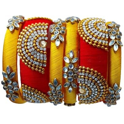 IJYA Sihan Handicrafts Kundan Work Silk Thread Bangle Kada For Women Girls 6 PC Set Wedding & Festive Occasion Handmade Multicolored Chudi Stone Studded (Red Yellow, 2.6)