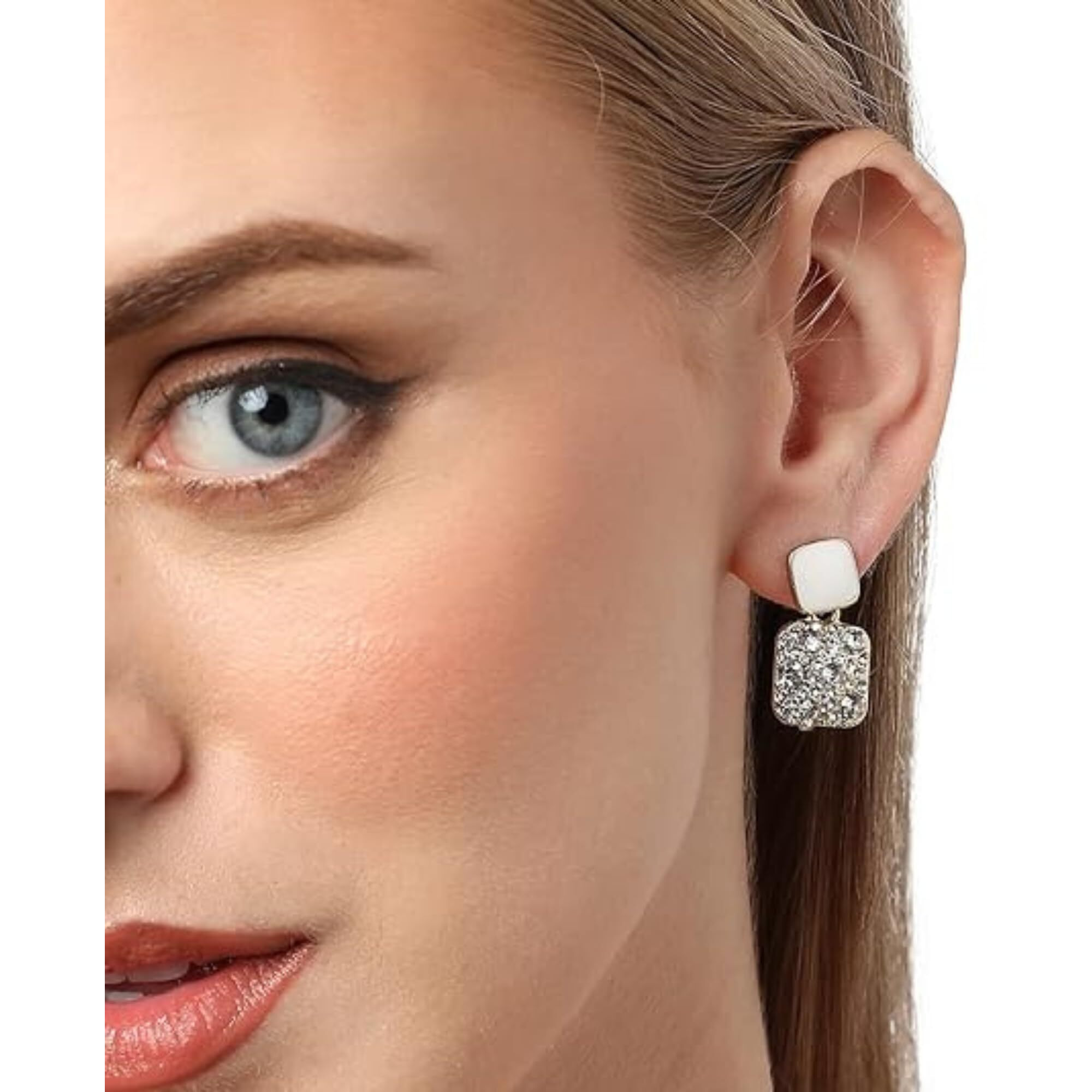 BLACKBOX White Rhinestone Crystal Square Drop korean Earrings for Women & Girls | Stylish & Fashionable Earring for Girlfriend | Accessories Jewellery for Women | Best Gift for Birthday & Anniversary