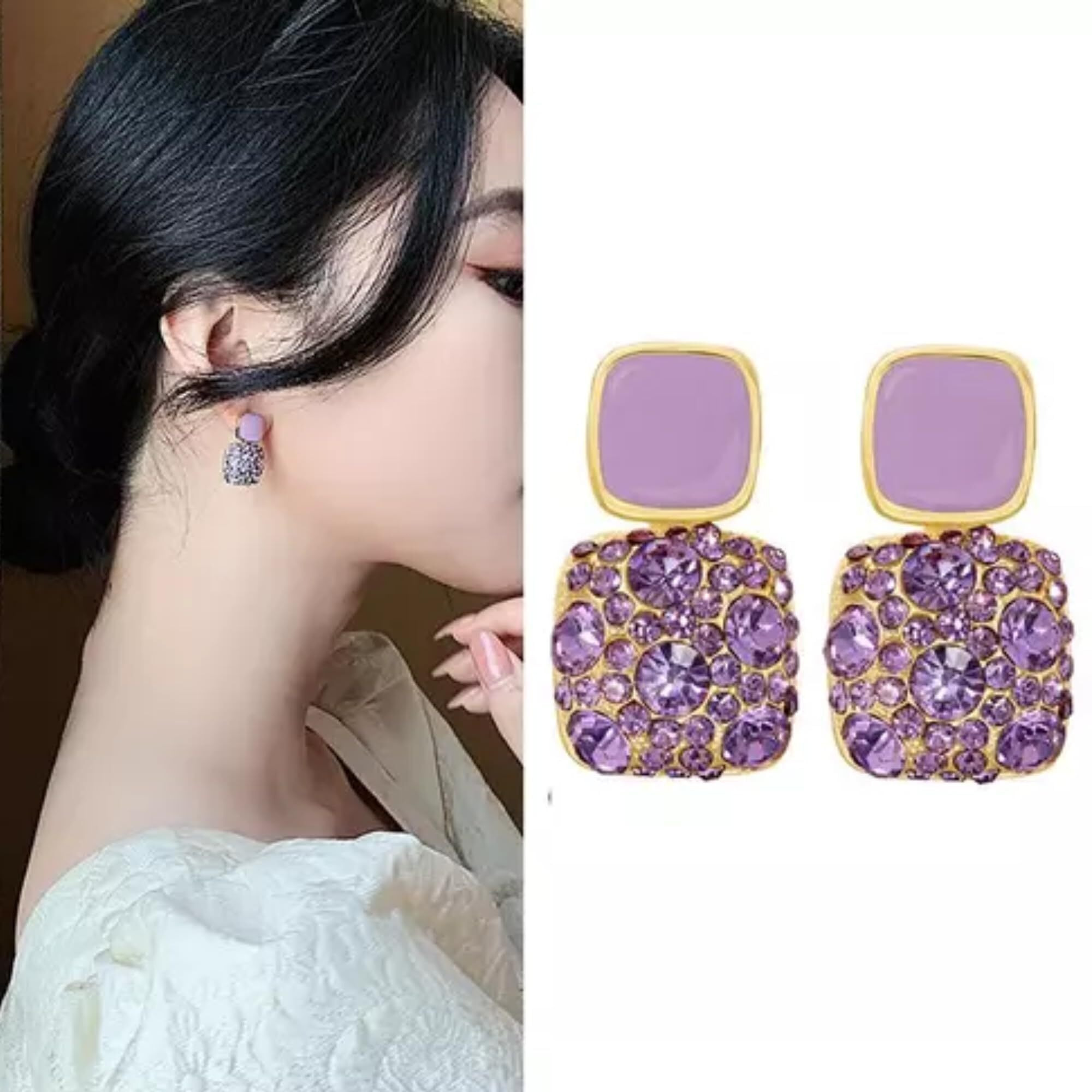 BLACKBOX Purple Rhinestone Crystal Square Drop korean Earrings for Women & Girls | Stylish & Fashionable Earring for Girlfriend | Accessories Jewellery for Women | Best Gift for Birthday & Anniversary