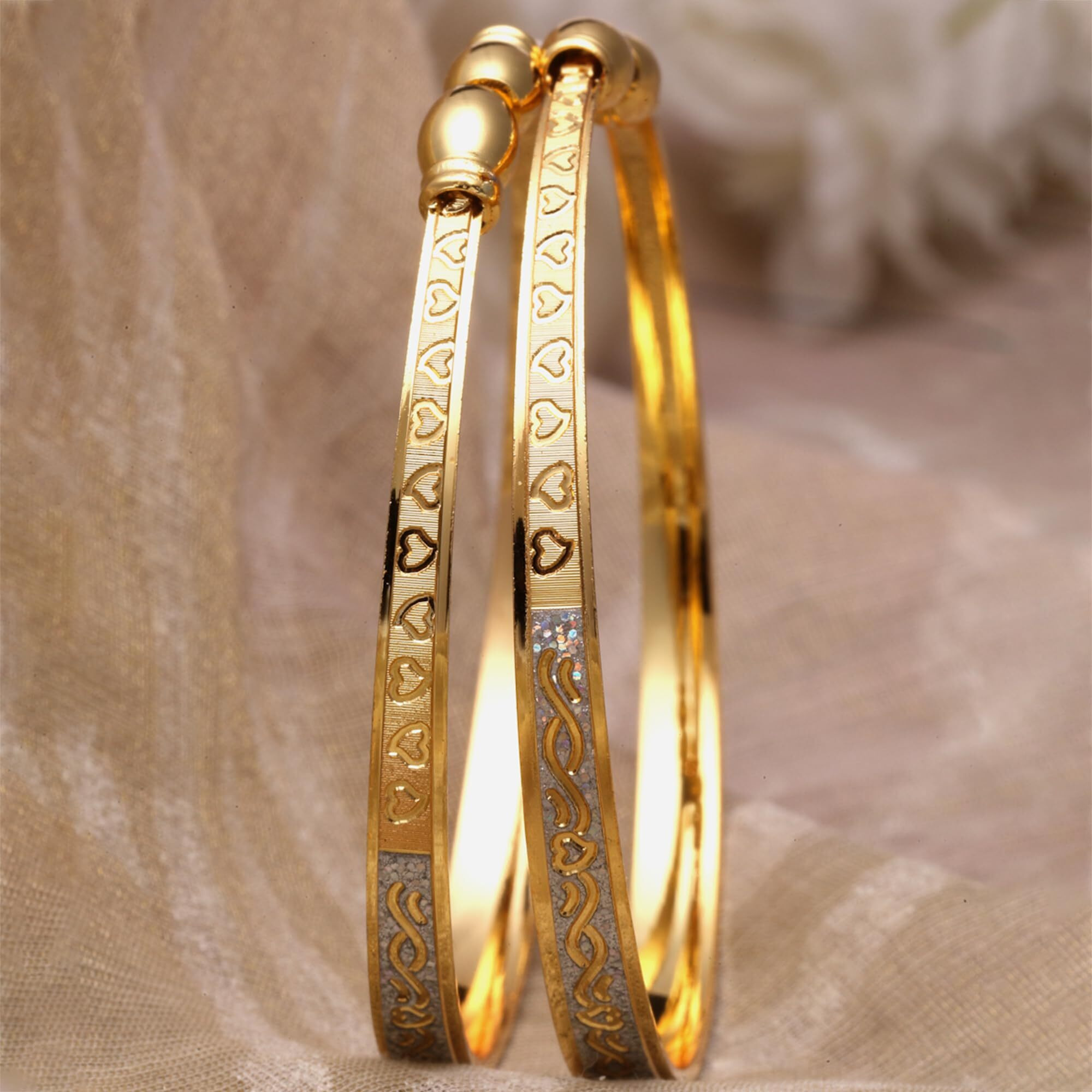 ZENEME 18 K Gold-Plated Dual Tone Handcrafted Filigree Openable Kada Set of 2 Bracelet Bangles for Women and Girls