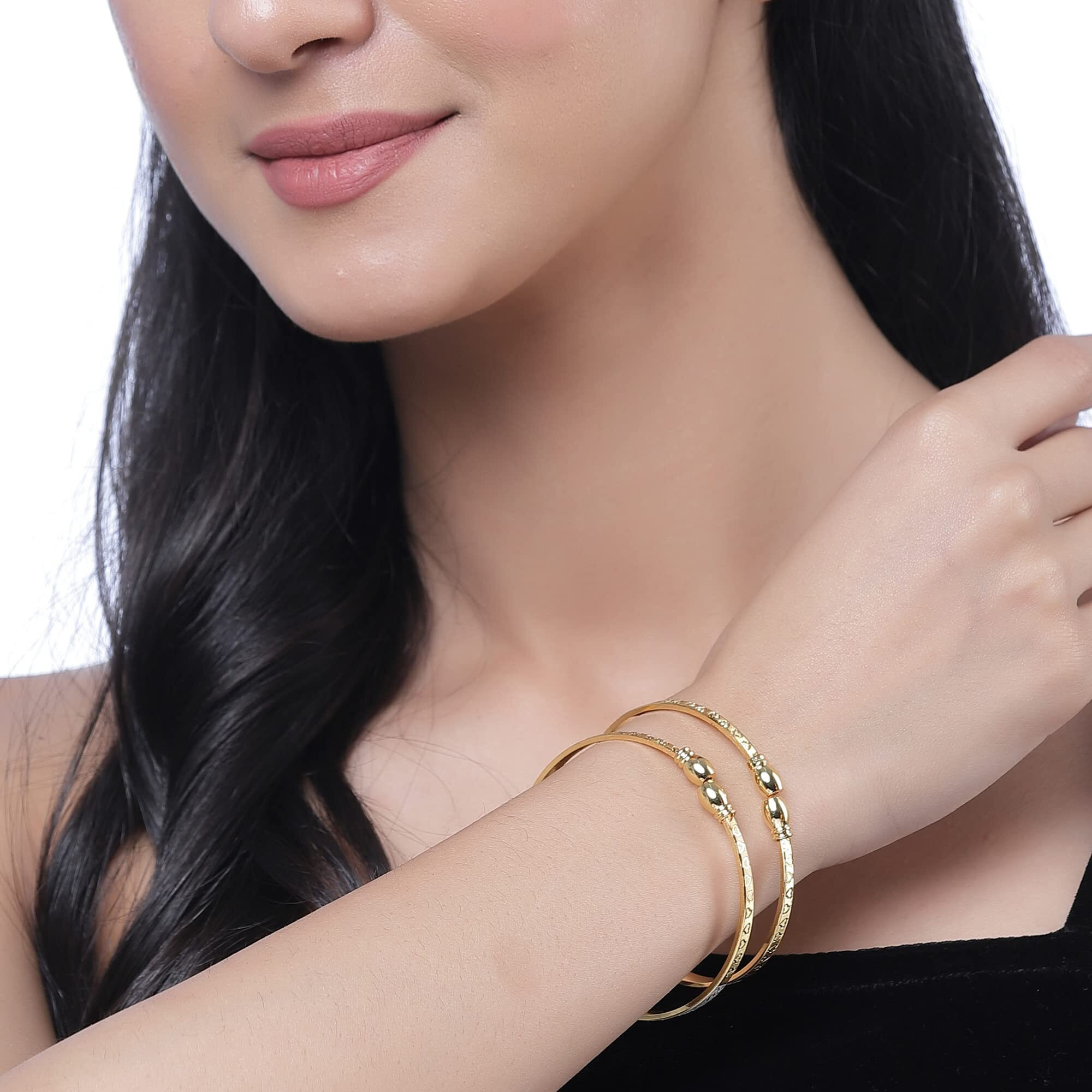 ZENEME 18 K Gold-Plated Dual Tone Handcrafted Filigree Openable Kada Set of 2 Bracelet Bangles for Women and Girls