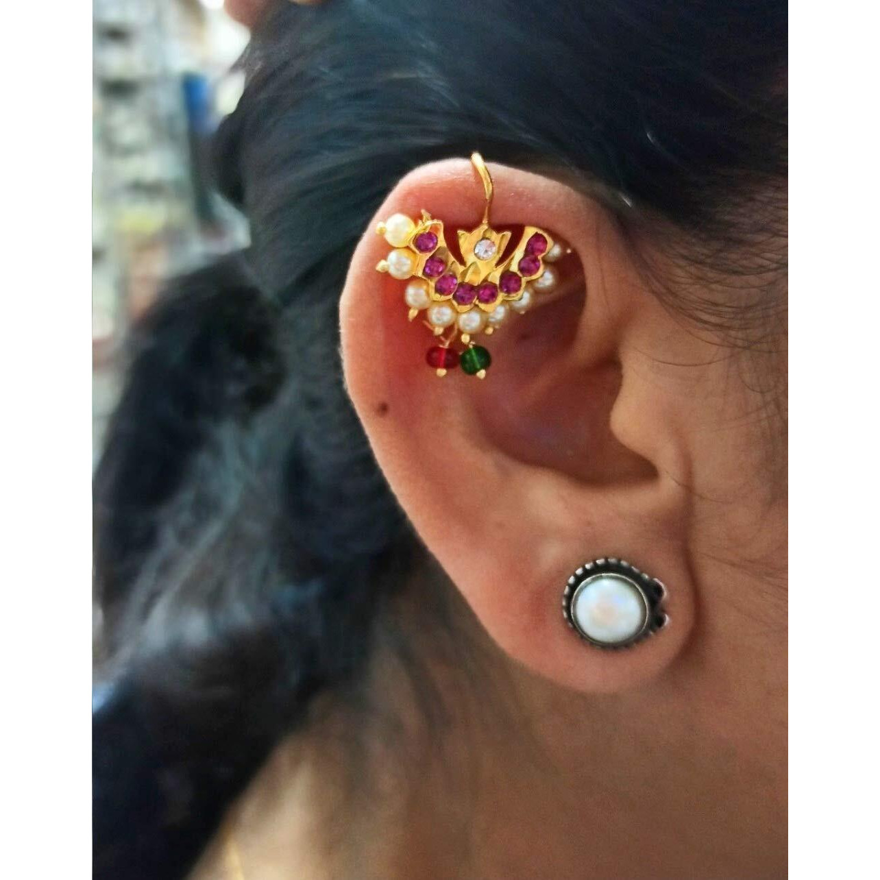 Vama Fashions Half Moon Or Peacock Maharashtrian Traditional Press on Bugadi Upper Ear Clip on Earrings for Women & Girls (Half Moon White)