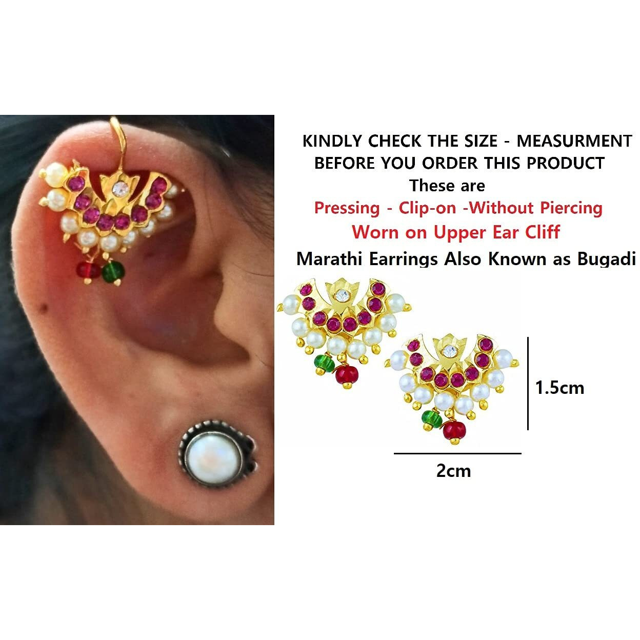 Vama Fashions Half Moon Or Peacock Maharashtrian Traditional Press on Bugadi Upper Ear Clip on Earrings for Women & Girls (Half Moon White)