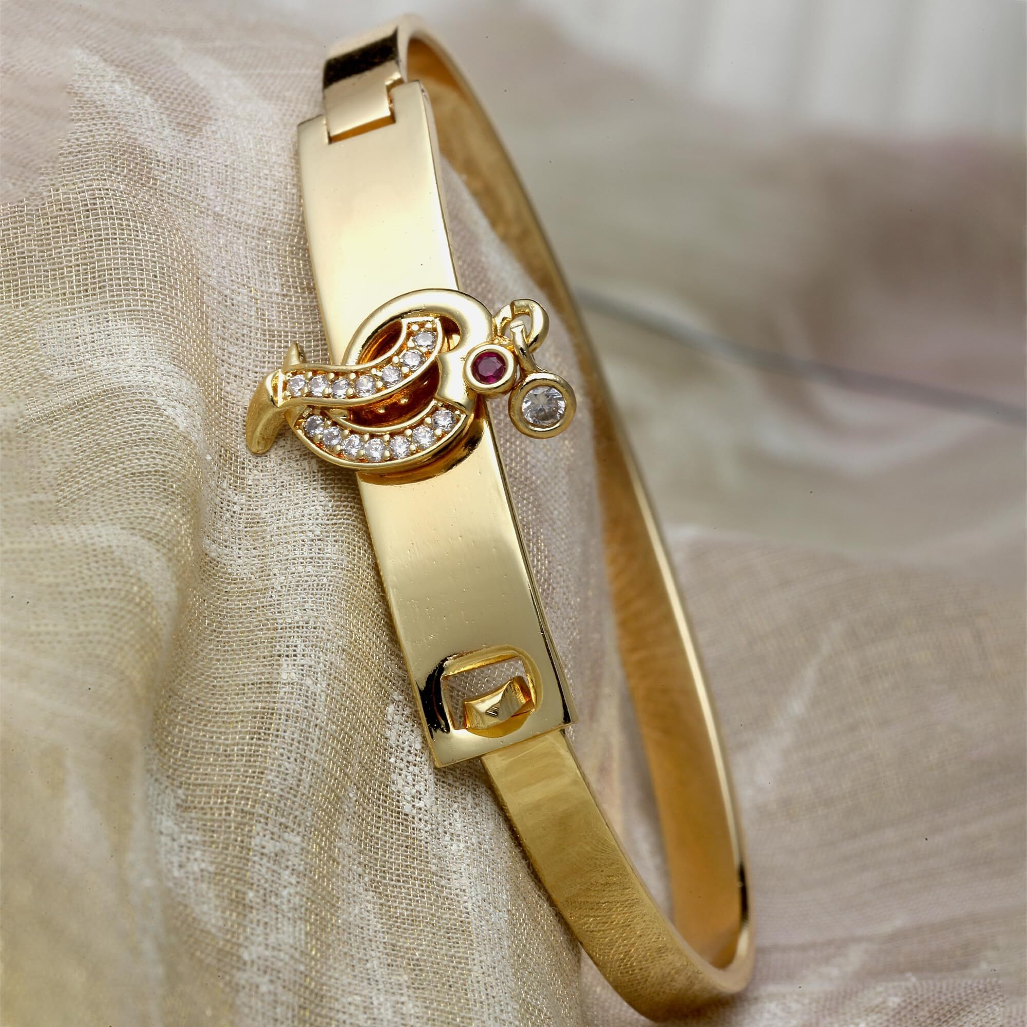 ZENEME Gold-Plated Peacock Majesty CZ Studded Openable Bangle Kada Handcrafted Cuff Bracelet for Women and Girls