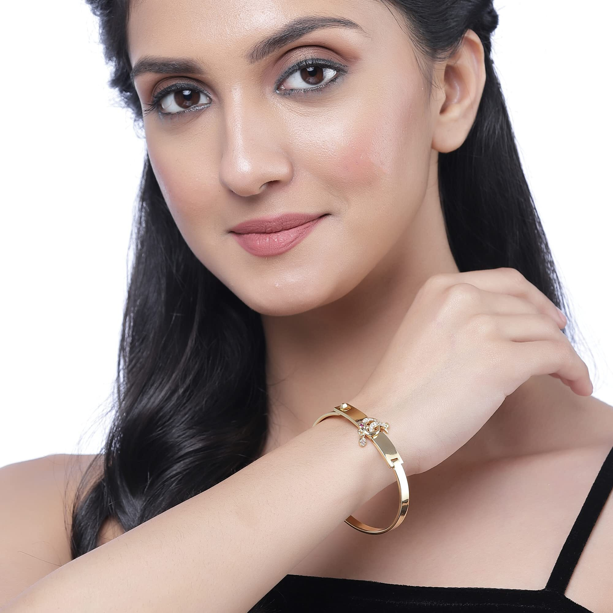 ZENEME Gold-Plated Peacock Majesty CZ Studded Openable Bangle Kada Handcrafted Cuff Bracelet for Women and Girls