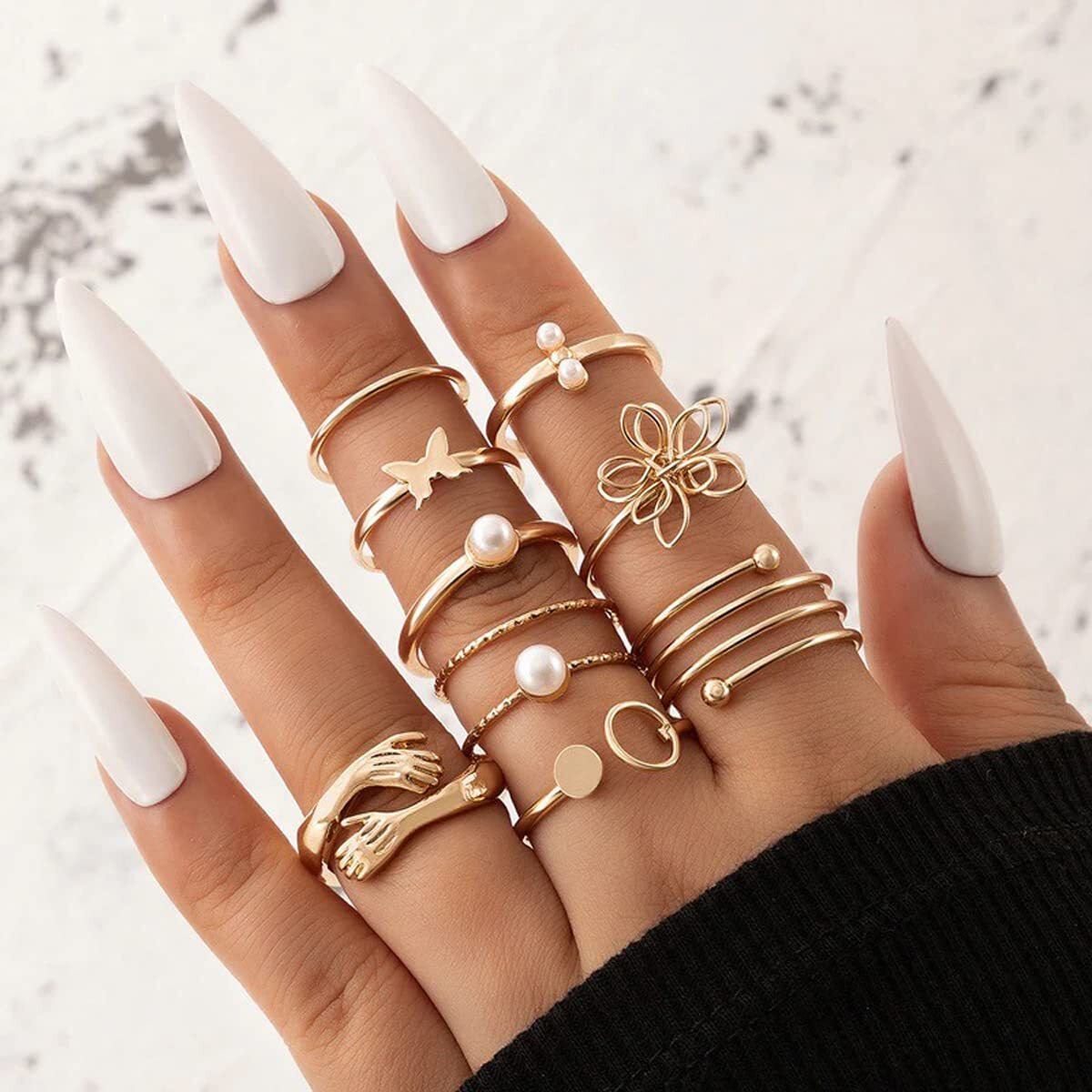 Jewels Galaxy Jewellery For Women Set of 9 Gold Plated Adjustable Hug-Floral Finger Ring (JG-PC-RNGG-984)