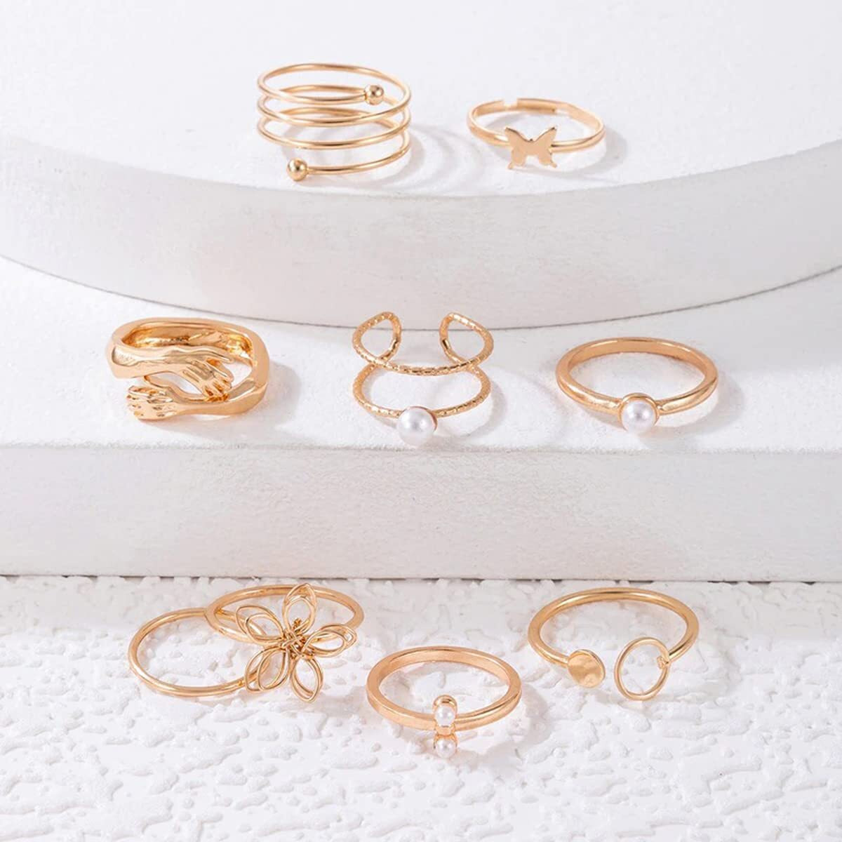 Jewels Galaxy Jewellery For Women Set of 9 Gold Plated Adjustable Hug-Floral Finger Ring (JG-PC-RNGG-984)