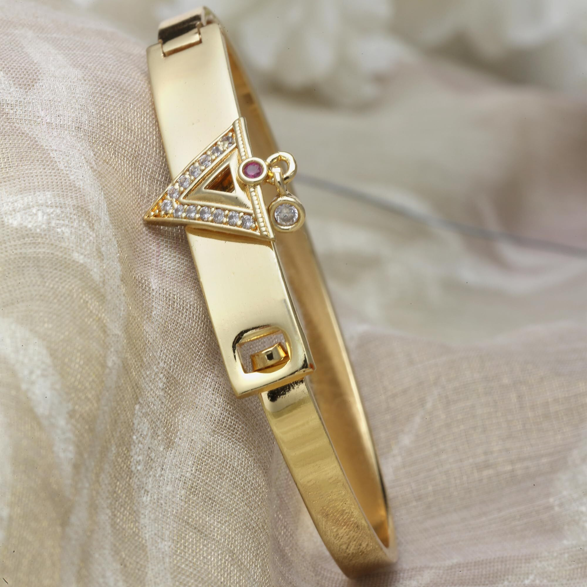 ZENEME Gold-Plated White Cubic Zirconia Studded Openable Bangle Kada Handcrafted Stylish Cuff Bracelet for Women and Girls