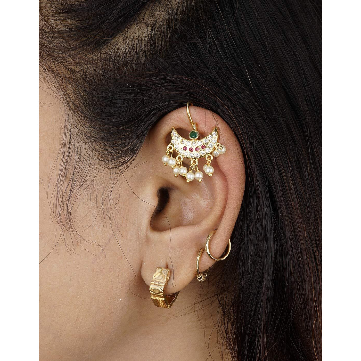 Vama Fashions Half Moon Or Peacock Shape Maharashtrian Traditional Press on Bugadi Upper Ear Clip on Earrings for Women & Girls (Half Moon Multi)