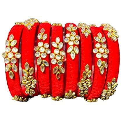 Rajshyama Handicrafts Silk Thread Bangle Kada For Women Girls 8 PC Set Wedding & Festive Occasion Handmade Multicolored Chura Chuda Chudi Stone Studded (RED, 2.8)