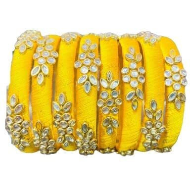Rajshyama Handicrafts Silk Thread Bangle Kada For Women Girls 8 PC Set Wedding & Festive Occasion Handmade Multicolored Chura Chuda Chudi Stone Studded (YELLOW, 2.4)