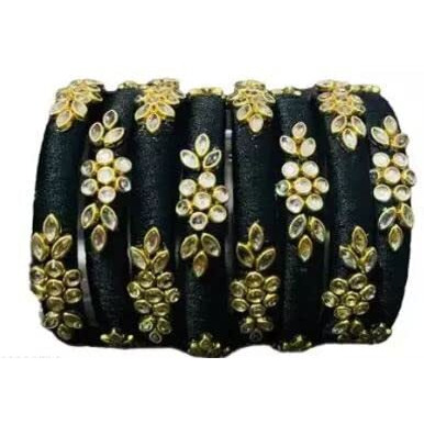 Rajshyama Handicrafts Silk Thread Bangle Kada For Women Girls 8 PC Set Wedding & Festive Occasion Handmade Multicolored Chura Chuda Chudi Stone Studded (BLACK, 2.4)