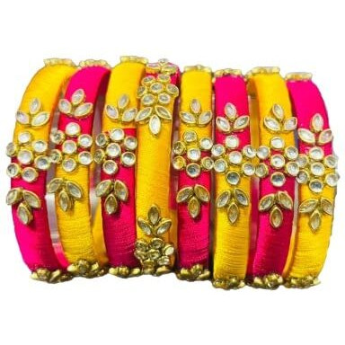 IJYA Sihan Handicrafts Kundan Work Silk Thread Bangle Kada For Women Girls 8 PC Set Wedding & Festive Occasion (Multicolor) (MUL, 2.4)