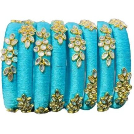 Rajshyama Handicrafts Silk Thread Bangle Kada For Women Girls 8 PC Set Wedding & Festive Occasion Handmade Multicolored Chura Chuda Chudi Stone Studded (SKY BLUE, 2.8)
