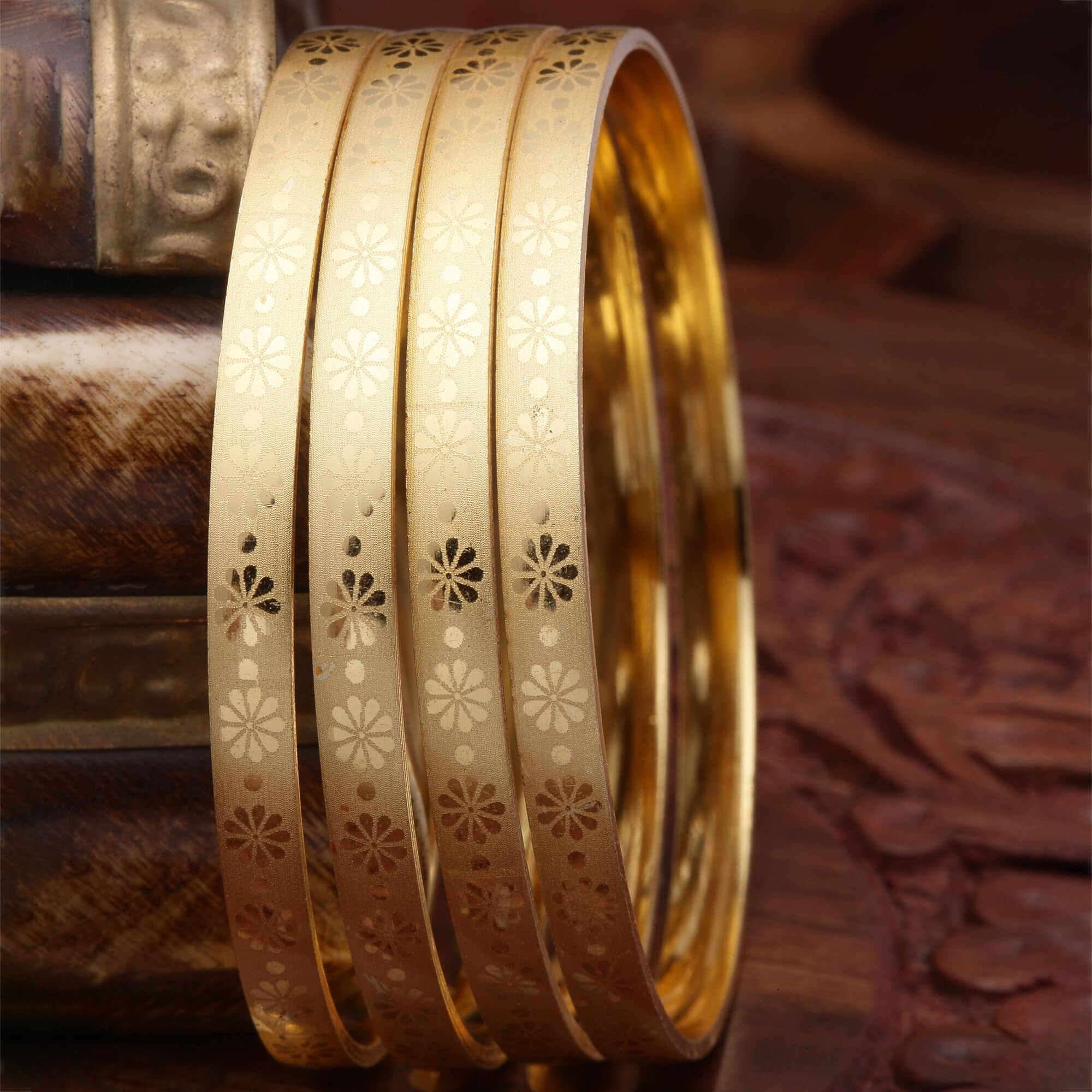 ZENEME Set Of 4 Gold-Plated Textured Handcarfted Classic Bangles For Girls and Women (Flower, 2.4)