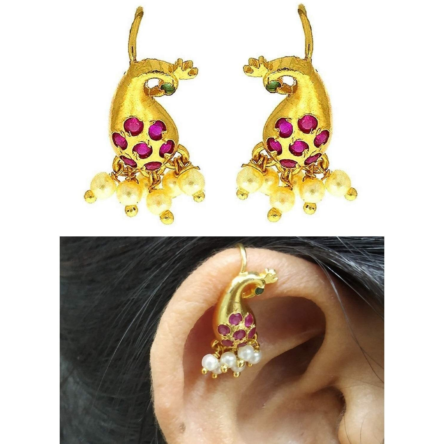 Vama Fashions Half Moon Or Peacock Shape Maharashtrian Traditional Press on Bugadi Upper Ear Clip on Earrings for Women & Girls (Peacock A)