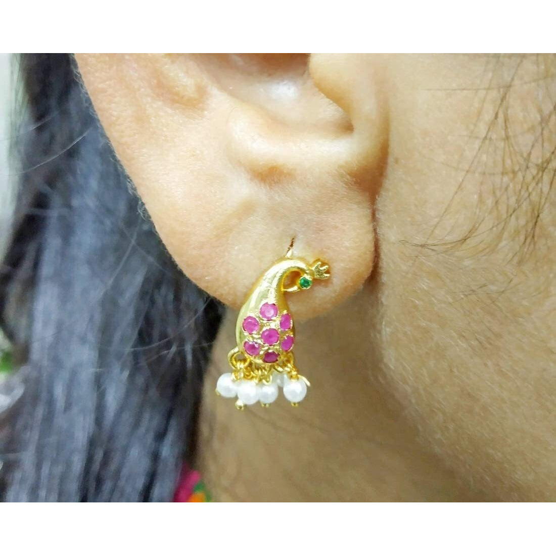 Vama Fashions Half Moon Or Peacock Shape Maharashtrian Traditional Press on Bugadi Upper Ear Clip on Earrings for Women & Girls (Peacock A)