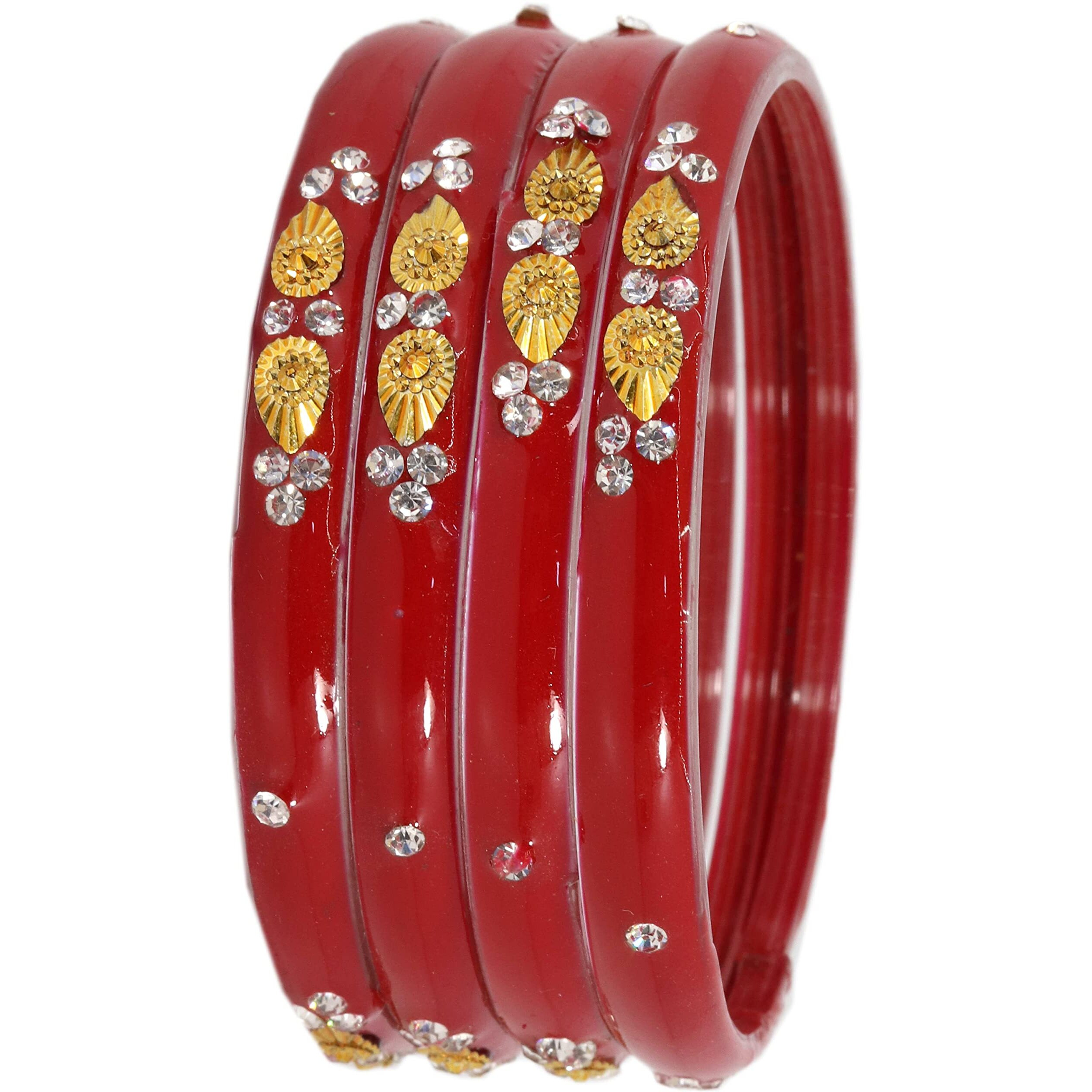 NMII Glass with Zircon Gemstone and Beads Studded Glossy Finished Kada For Women and Girls, Pack of 4, (TRed_2.8 Inches)