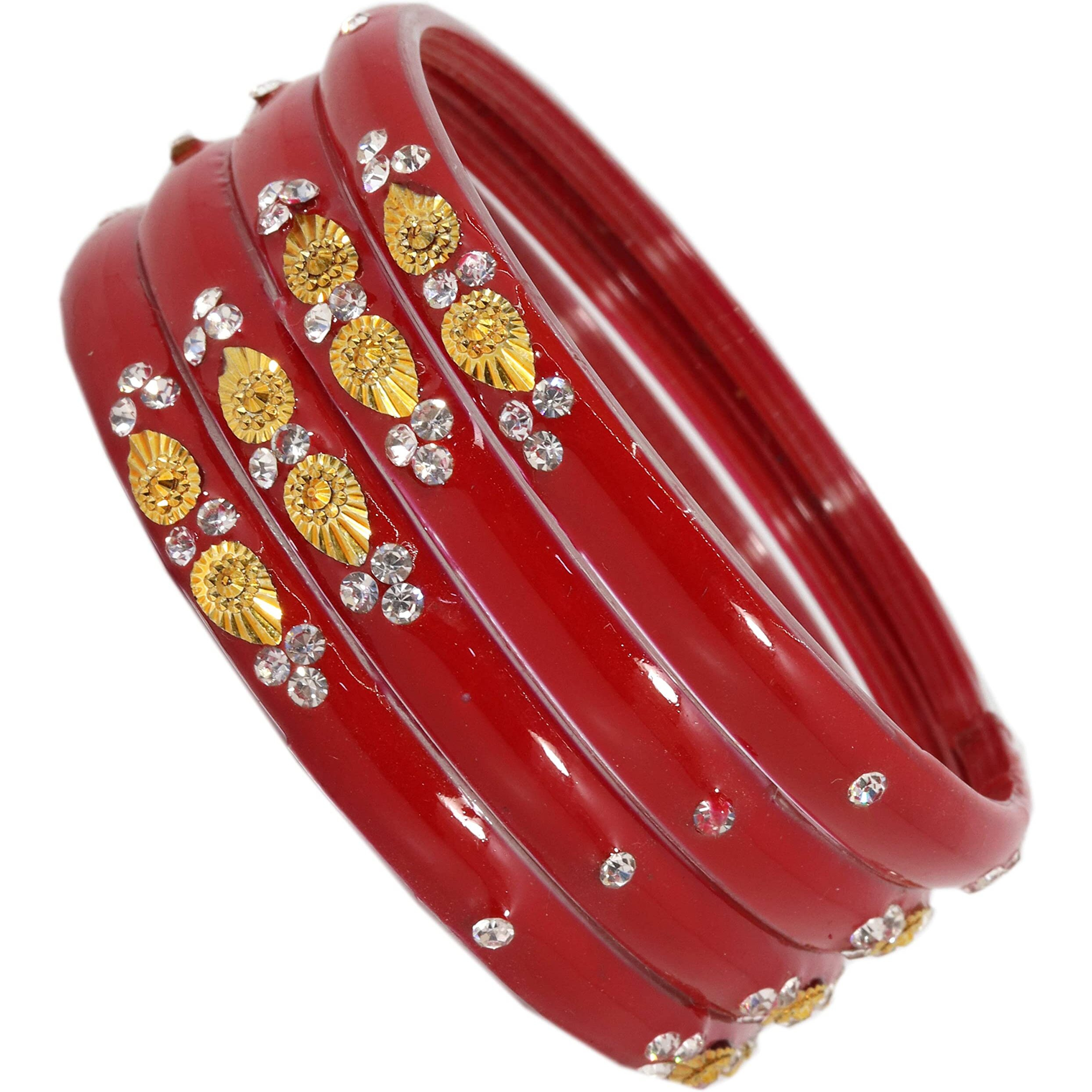 NMII Glass with Zircon Gemstone and Beads Studded Glossy Finished Kada For Women and Girls, Pack of 4, (TRed_2.8 Inches)