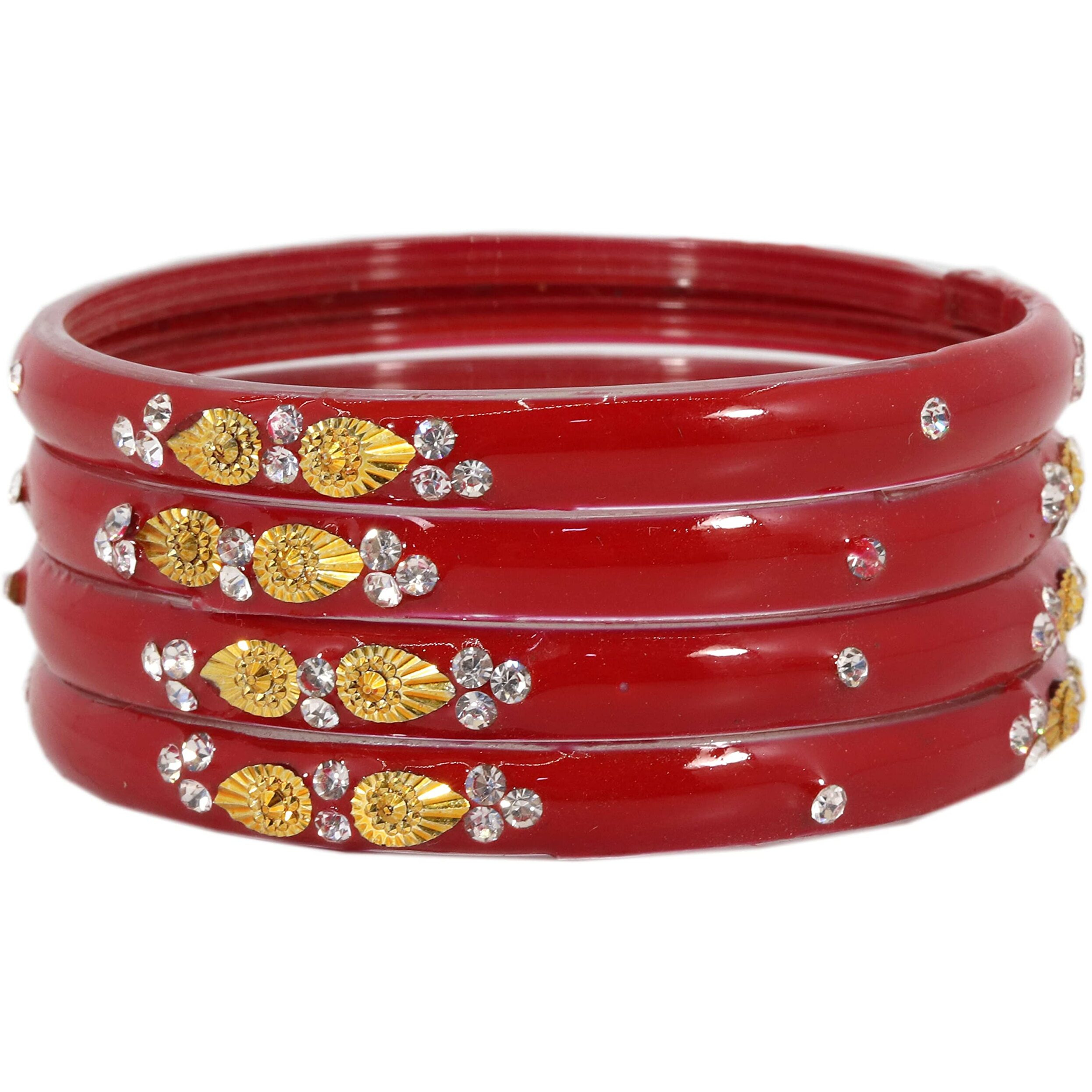 NMII Glass with Zircon Gemstone and Beads Studded Glossy Finished Kada For Women and Girls, Pack of 4, (TRed_2.8 Inches)