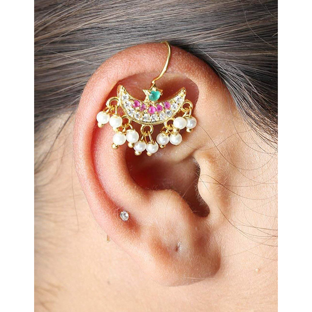 VAMA Fashions Half Moon Chand Shape Maharashtrian Traditional Press on Bugadi Upper Ear Clip on Gold Plated Earrings for Women and Girls (Chandrakor Multi)