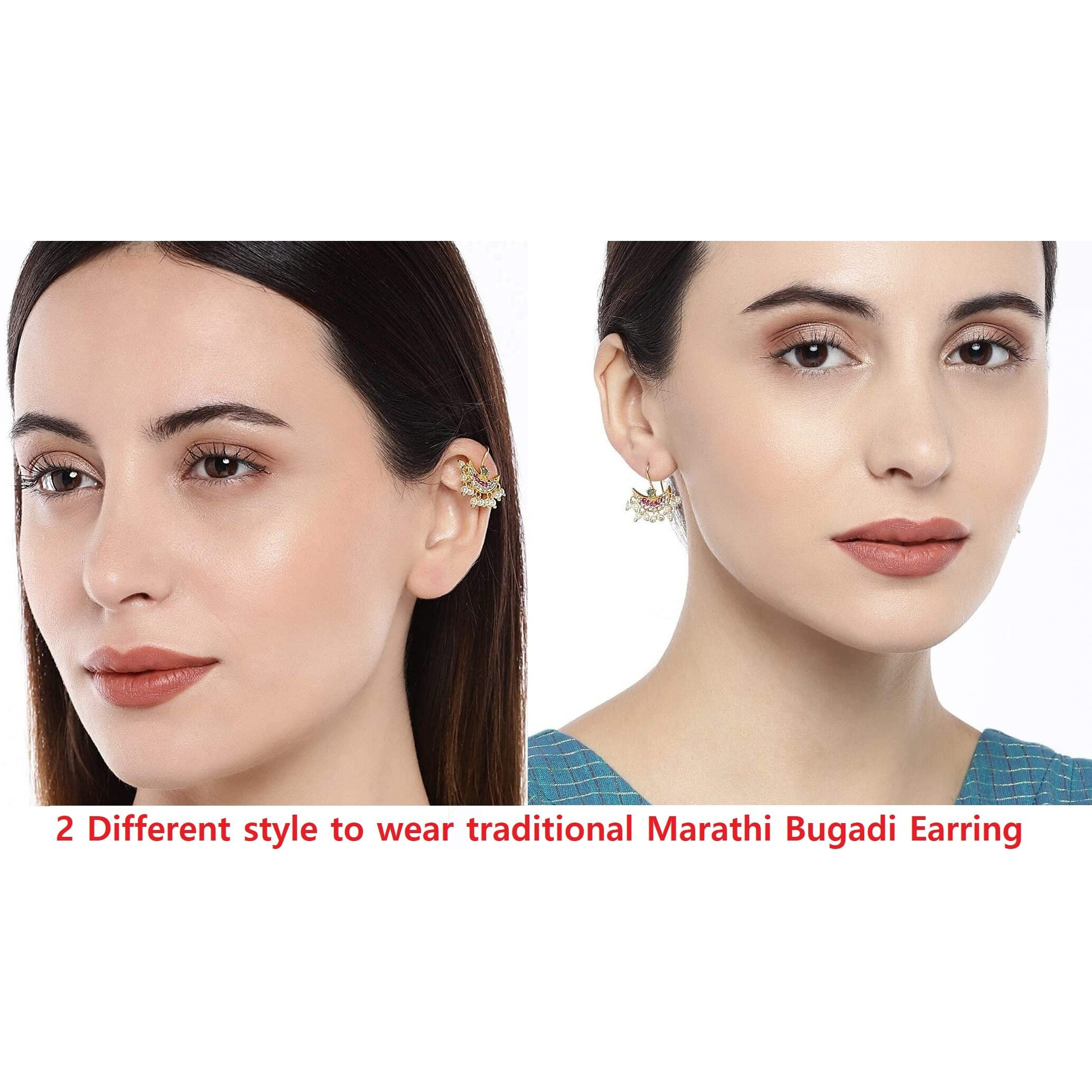 VAMA Fashions Half Moon Chand Shape Maharashtrian Traditional Press on Bugadi Upper Ear Clip on Gold Plated Earrings for Women and Girls (Chandrakor Multi)