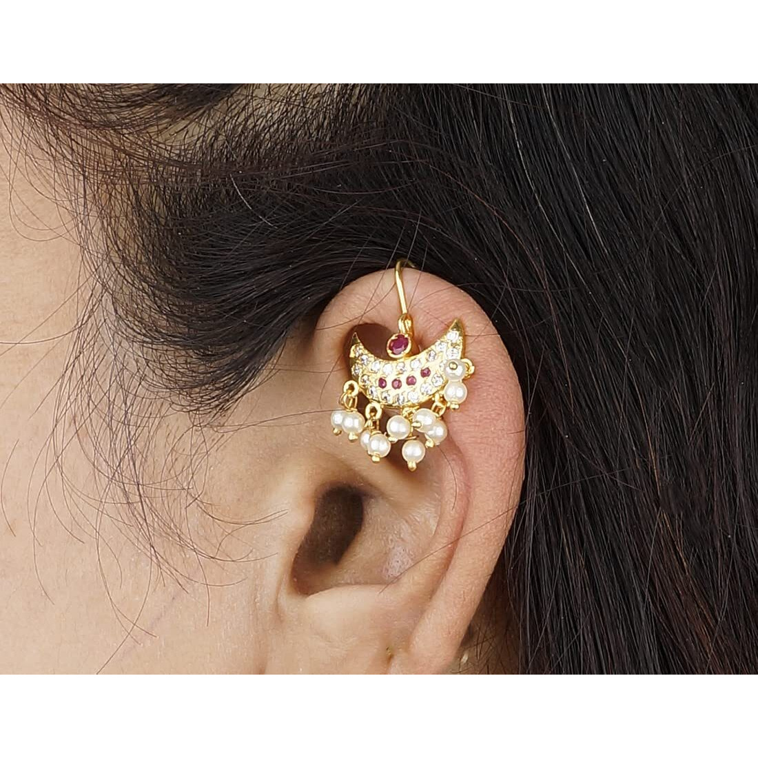 Vama Fashions Half Moon Or Peacock Shape Maharashtrian Traditional Press on Bugadi Upper Ear Clip on Earrings for Women & Girls (Half Moon Pink)