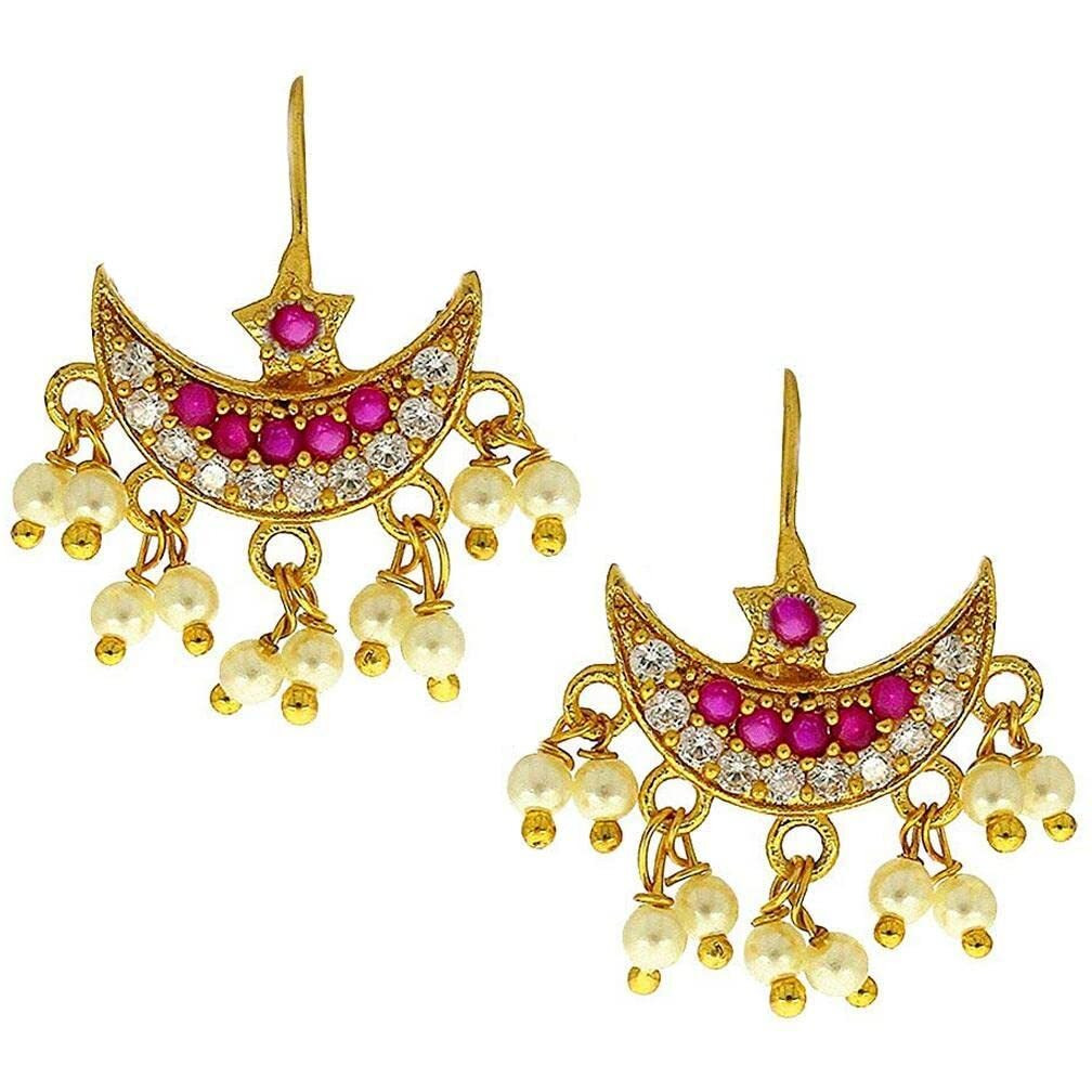 Vama Fashions Half Moon Or Peacock Shape Maharashtrian Traditional Press on Bugadi Upper Ear Clip on Earrings for Women & Girls (Chandrakor Pink)