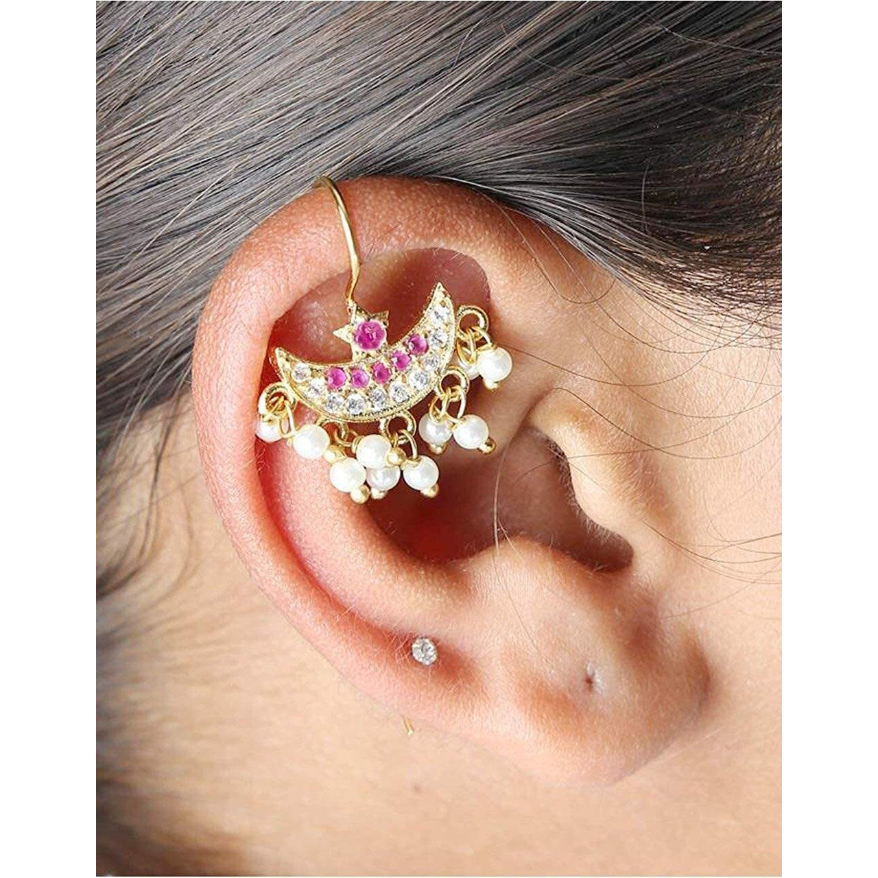 Vama Fashions Half Moon Or Peacock Shape Maharashtrian Traditional Press on Bugadi Upper Ear Clip on Earrings for Women & Girls (Chandrakor Pink)