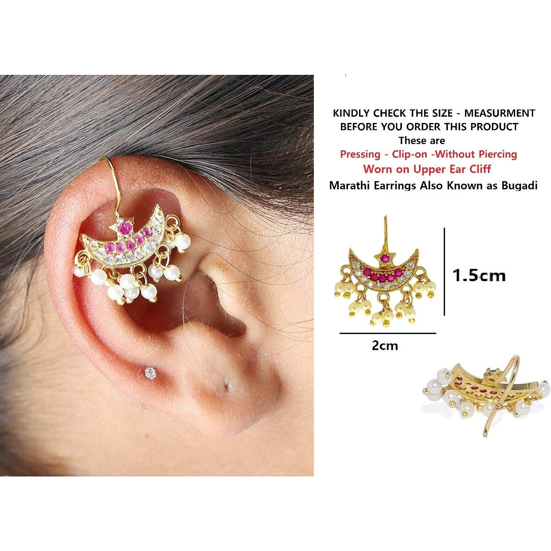 Vama Fashions Half Moon Or Peacock Shape Maharashtrian Traditional Press on Bugadi Upper Ear Clip on Earrings for Women & Girls (Chandrakor Pink)