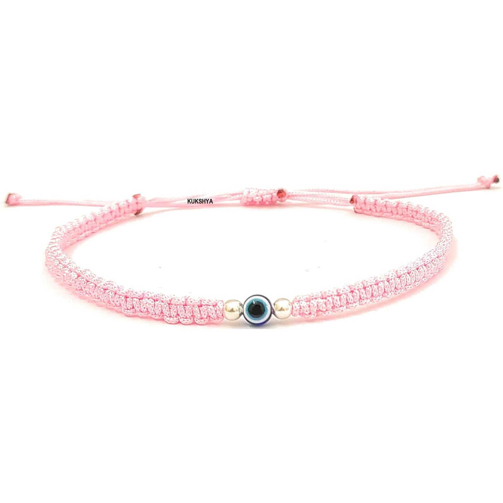 KUKSHYA JEWELLERS Exclusive 925 Sterling Silver 2 Ball + Evil Eye Charm Thread(Dhaga) Nazariya Anklet Adjustable|Nazar Battu| For Women & Girls 1 Piece (TP 090) (Baby Pink)