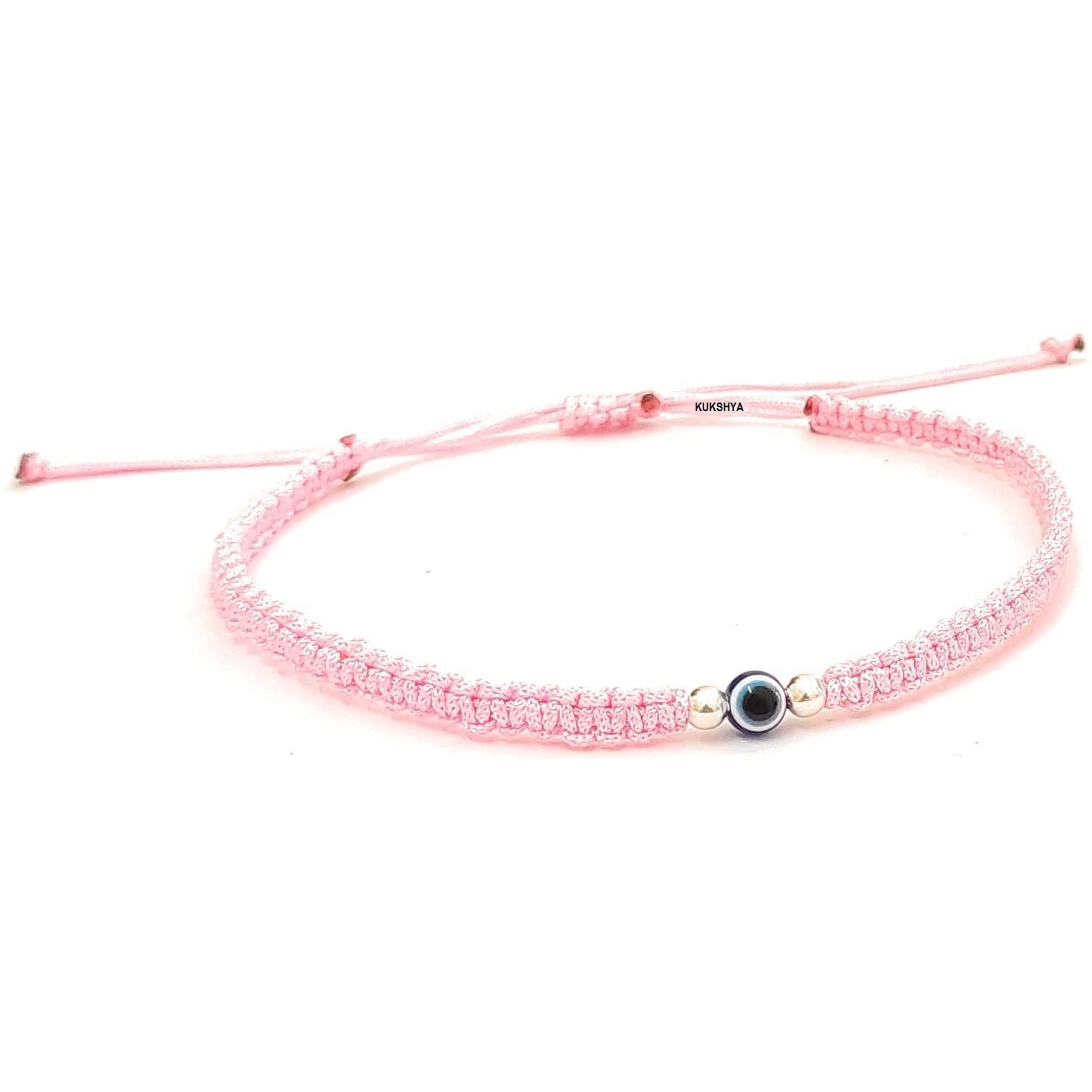 KUKSHYA JEWELLERS Exclusive 925 Sterling Silver 2 Ball + Evil Eye Charm Thread(Dhaga) Nazariya Anklet Adjustable|Nazar Battu| For Women & Girls 1 Piece (TP 090) (Baby Pink)