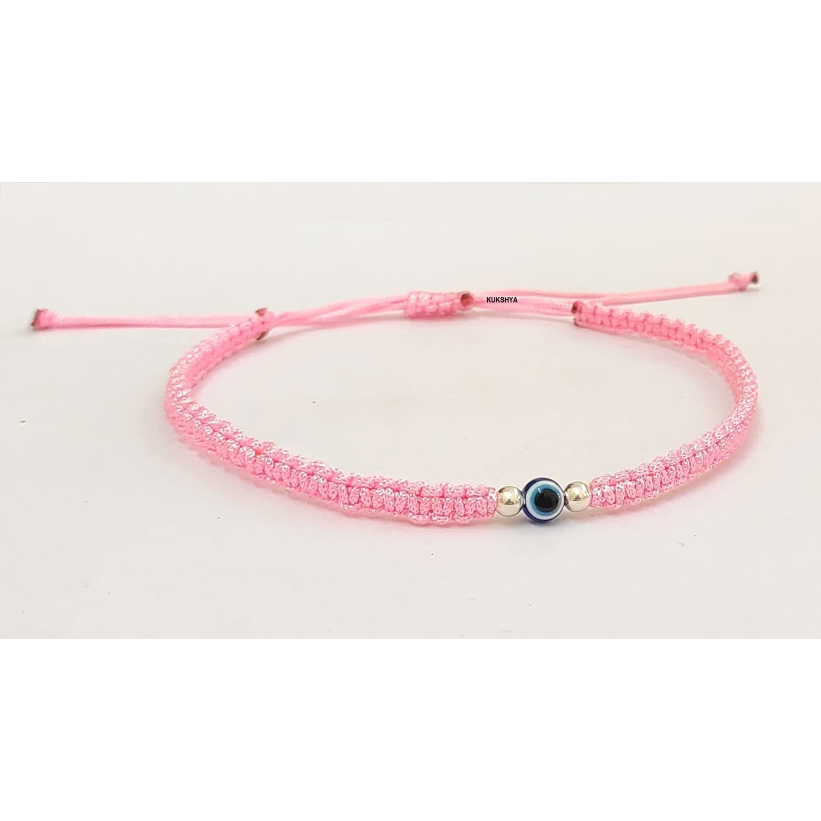 KUKSHYA JEWELLERS Exclusive 925 Sterling Silver 2 Ball + Evil Eye Charm Thread(Dhaga) Nazariya Anklet Adjustable|Nazar Battu| For Women & Girls 1 Piece (TP 090) (Baby Pink)