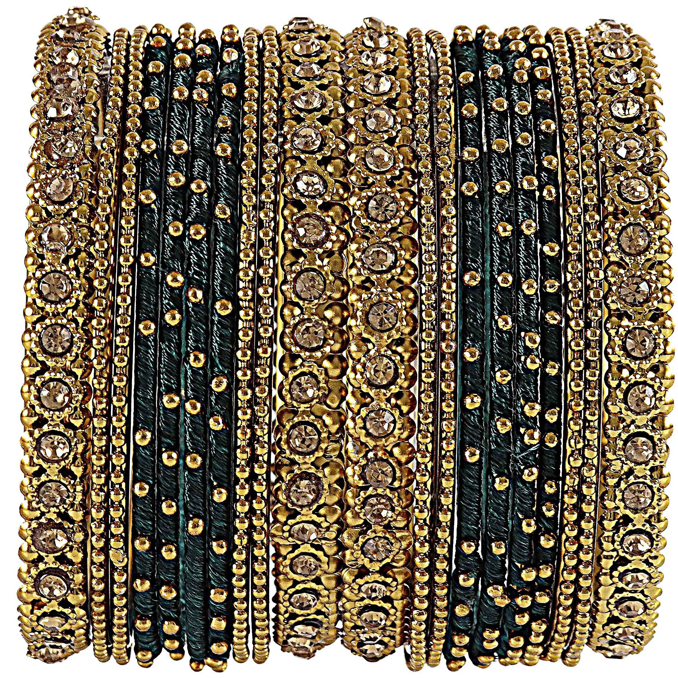 NMII Non Precious Metal and Thread With Zircon Gemstone Bangle Set For Women/Girls, Pack Of 20 Bangles (2.2_Inch, Dark Green)