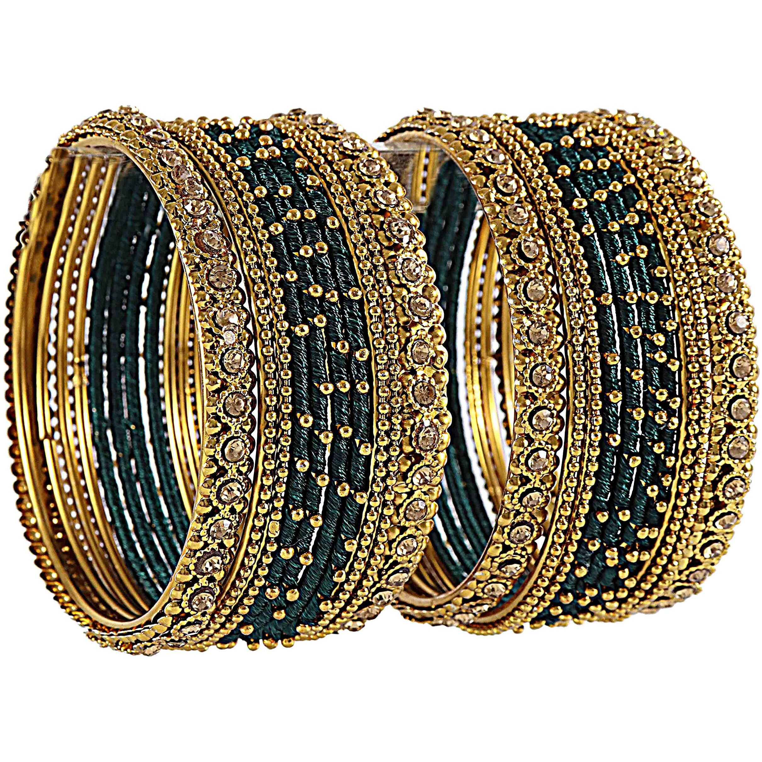 NMII Non Precious Metal and Thread With Zircon Gemstone Bangle Set For Women/Girls, Pack Of 20 Bangles (2.2_Inch, Dark Green)