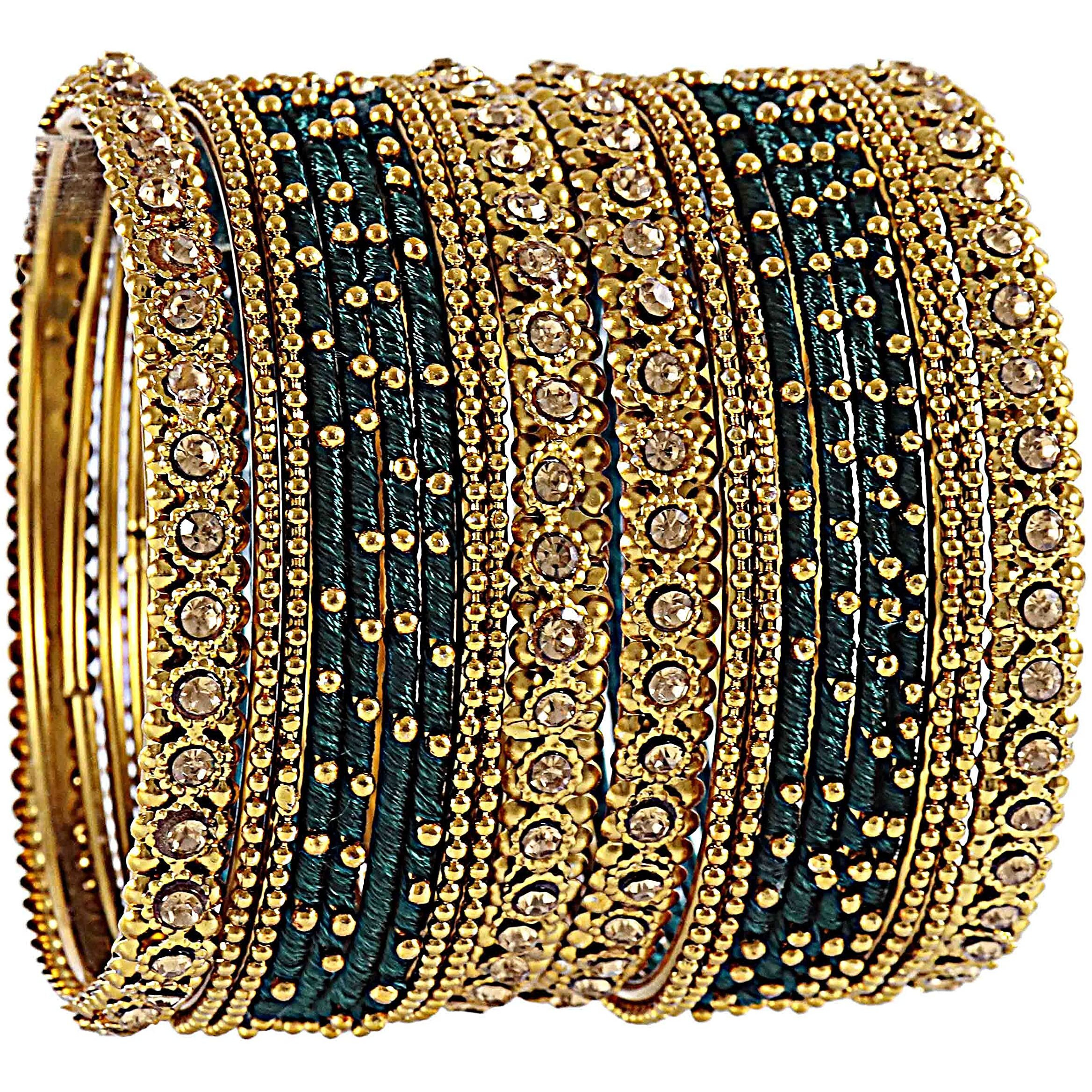 NMII Non Precious Metal and Thread With Zircon Gemstone Bangle Set For Women/Girls, Pack Of 20 Bangles (2.2_Inch, Dark Green)