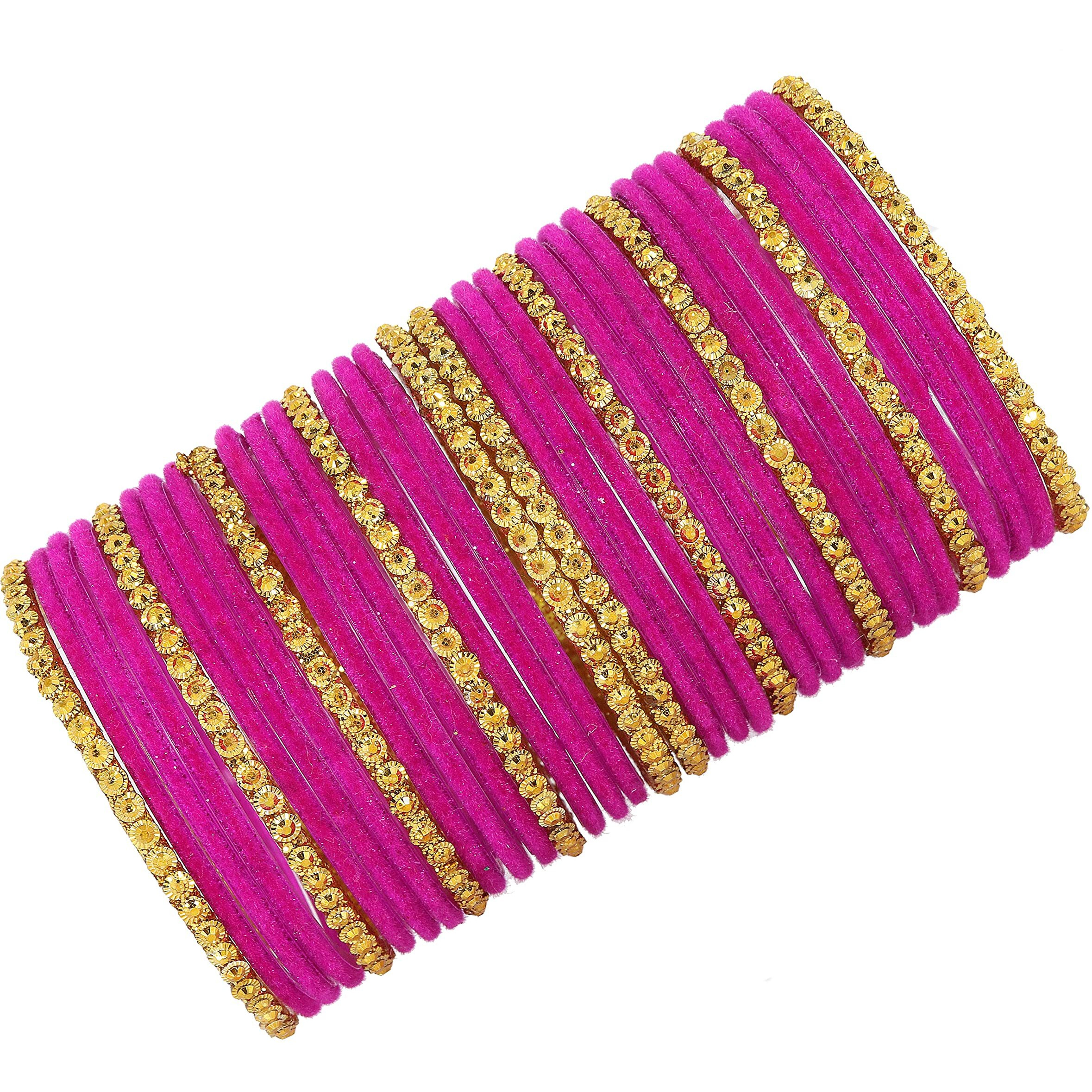 NMII Stylish Glass & Golden Beads Velvet Bangle Set For Women and Girls | Fancy Womens Bangles | Traditional Chudi Set, (F133_Guddan-(3)-Magenta-2.2 Inches)