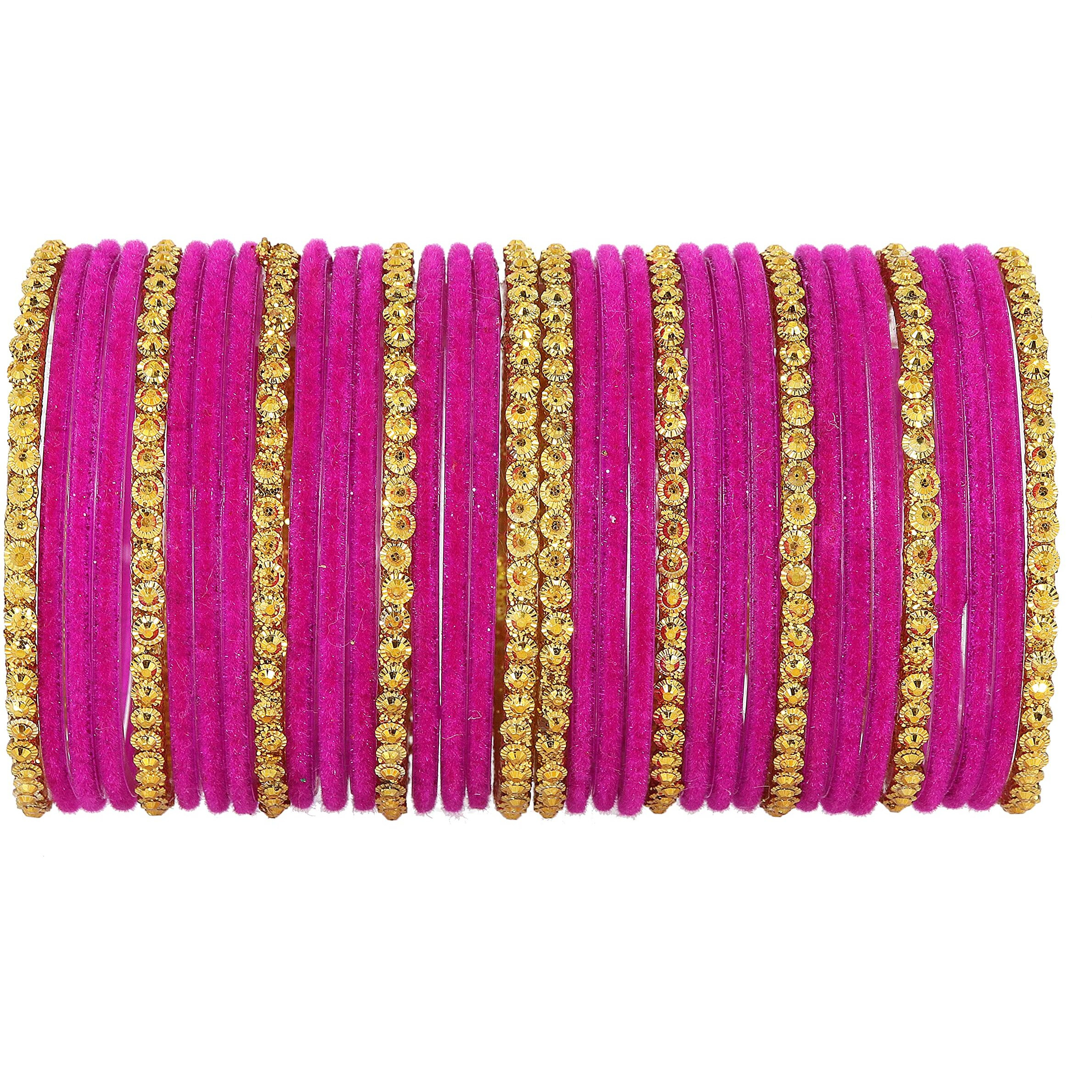 NMII Stylish Glass & Golden Beads Velvet Bangle Set For Women and Girls | Fancy Womens Bangles | Traditional Chudi Set, (F133_Guddan-(3)-Magenta-2.2 Inches)